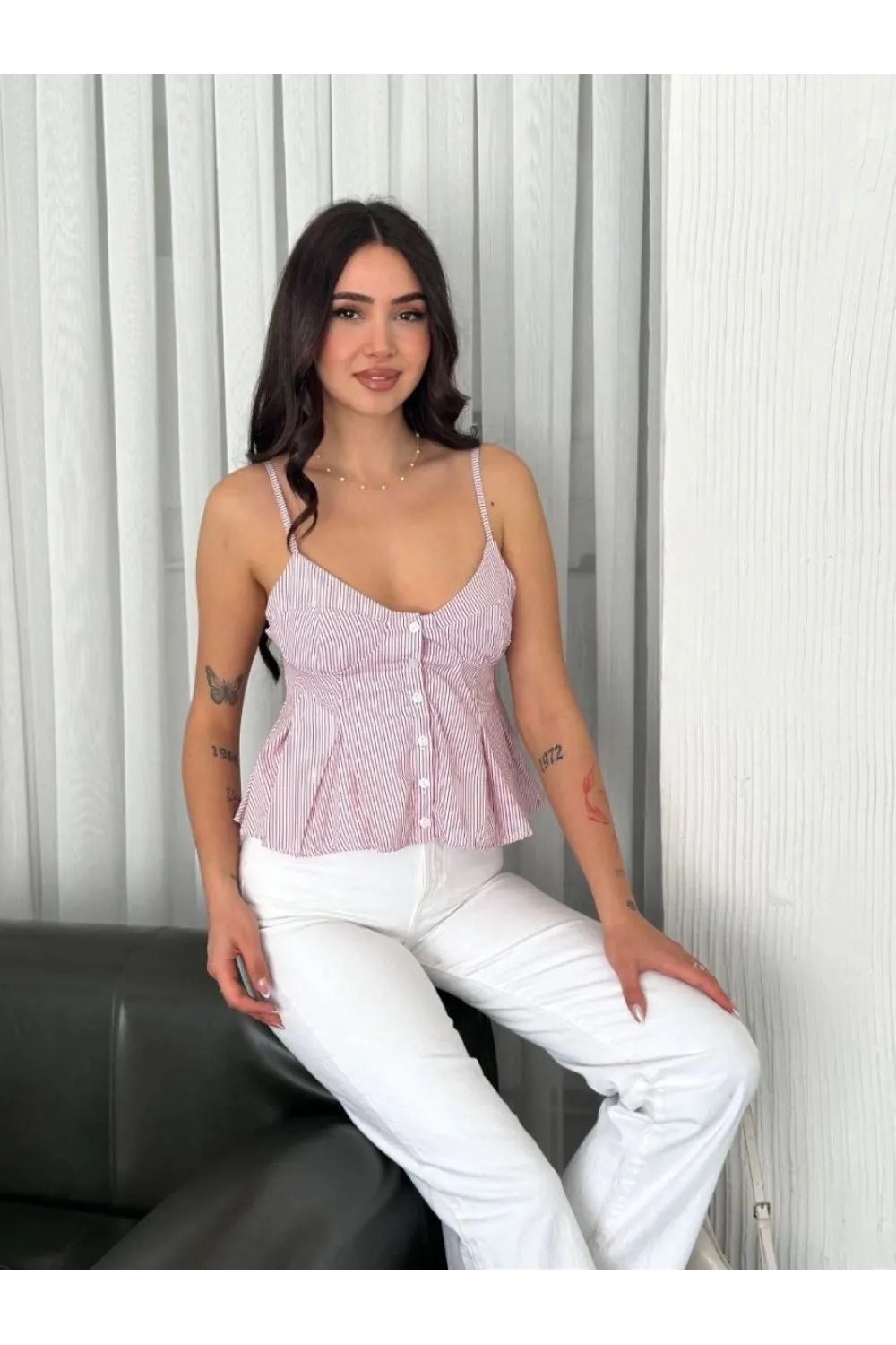 Kadın Askılı Dekolte deraylı crop - Kırmızı
