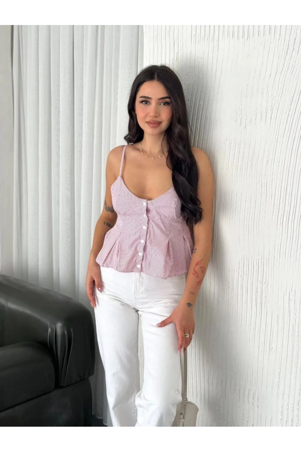 Kadın Askılı Dekolte deraylı crop - Kırmızı