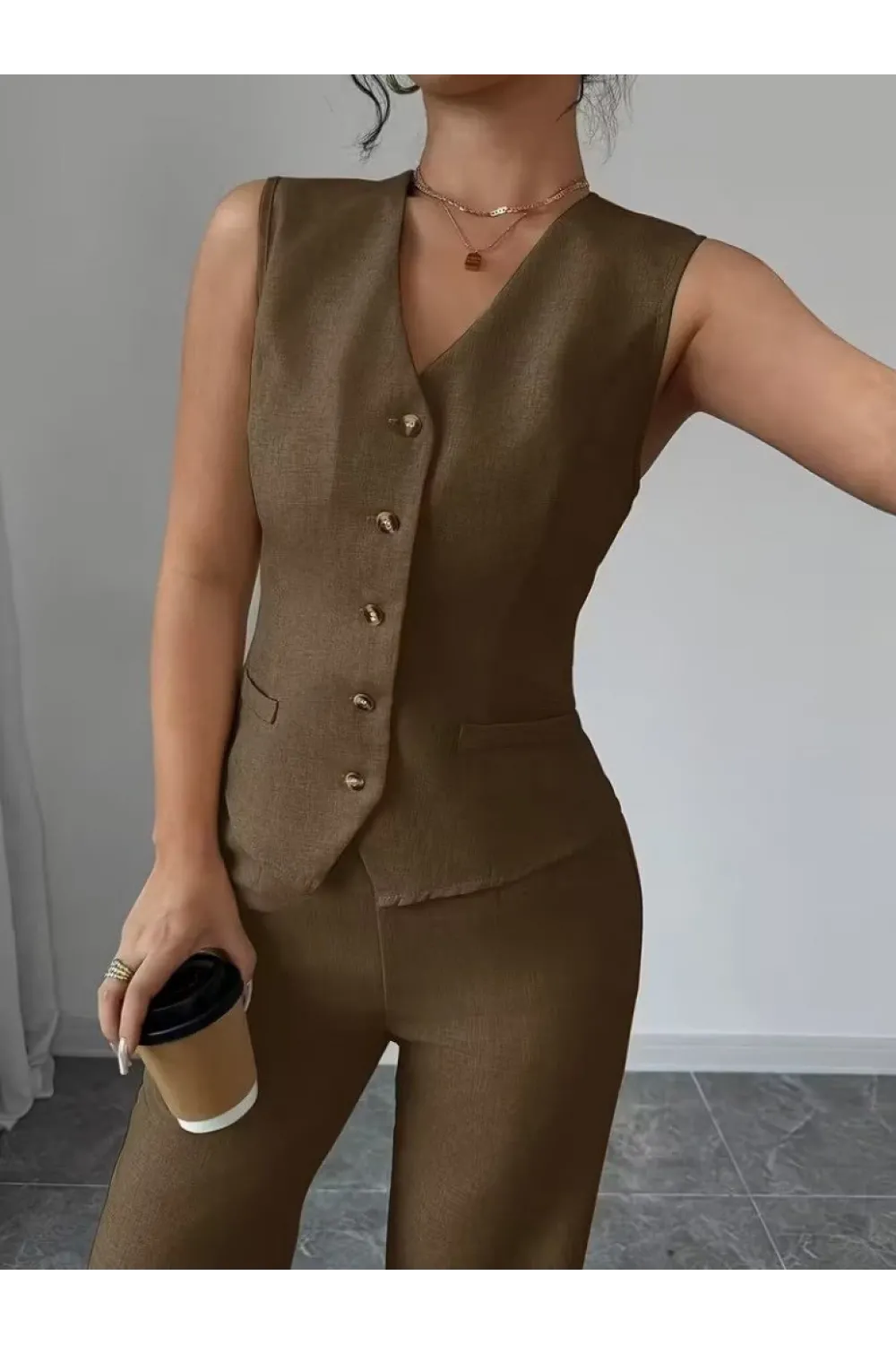 Kadın Askılı önden Düğmeli Bluz Ve Pantolon Keten Ikili Takım