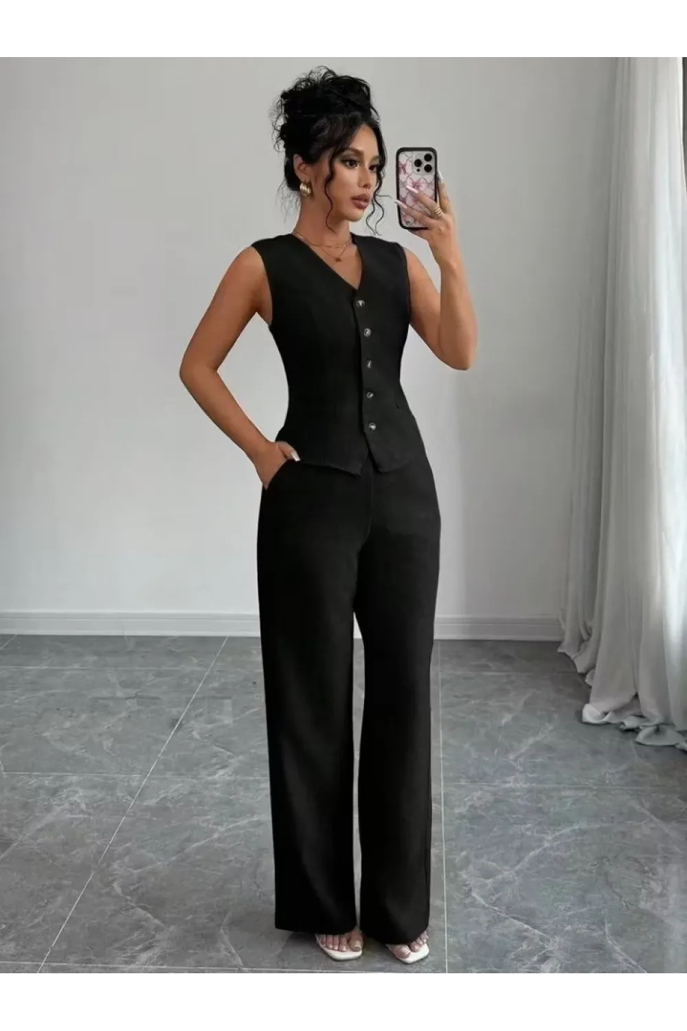Kadın Askılı önden Düğmeli Bluz Ve Pantolon Keten Ikili Takım