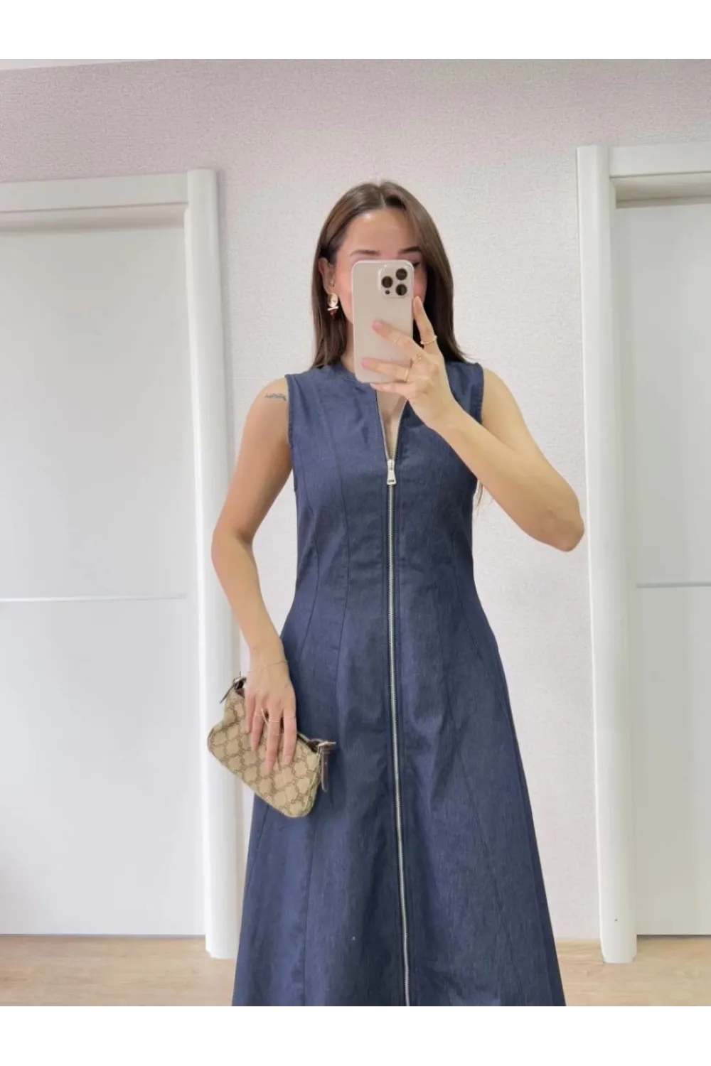 Kadın Jeans Kot Önü Tam Fermuarlı  Uzun Elbise - Mavi