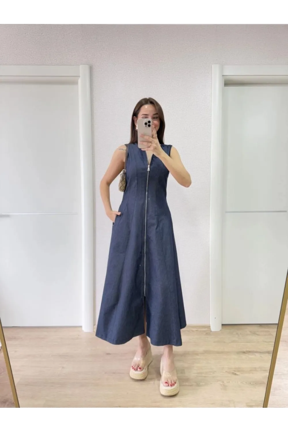 Kadın Jeans Kot Önü Tam Fermuarlı  Uzun Elbise - Mavi