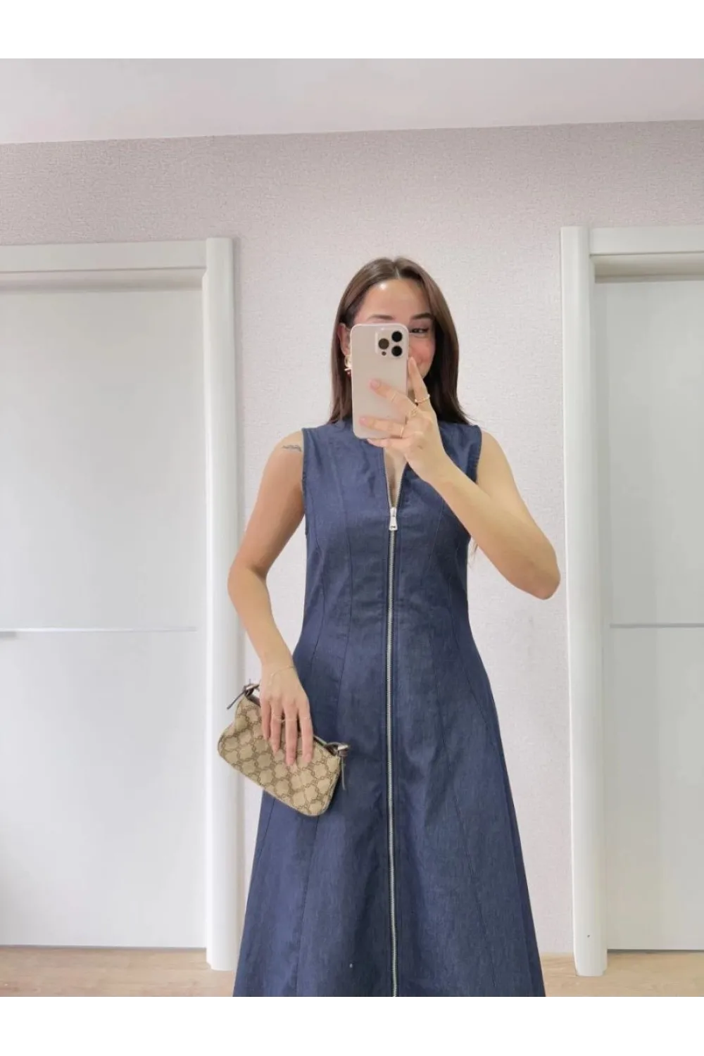 Kadın Jeans Kot Önü Tam Fermuarlı  Uzun Elbise - Mavi