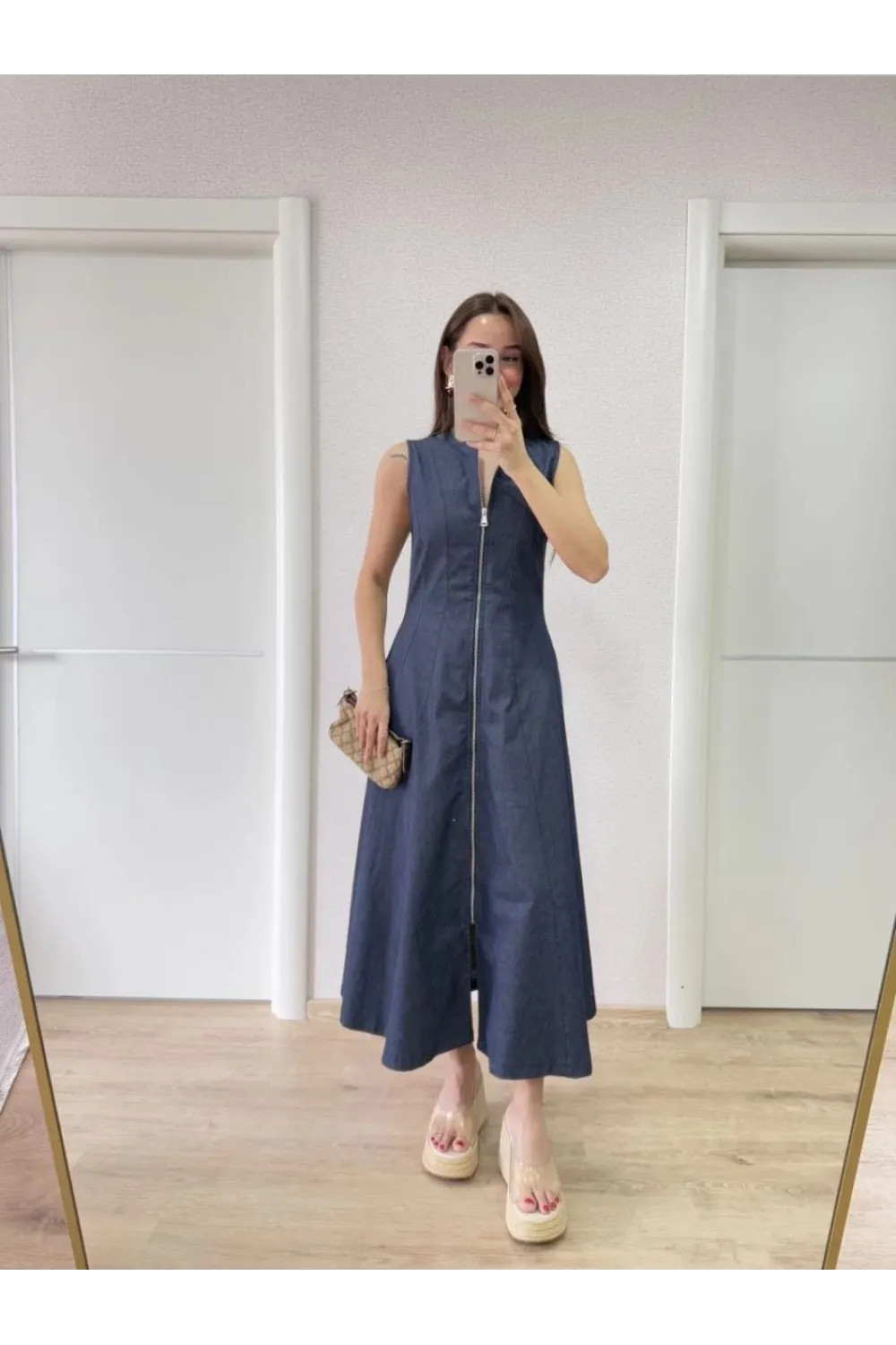 Kadın Jeans Kot Önü Tam Fermuarlı  Uzun Elbise - Mavi