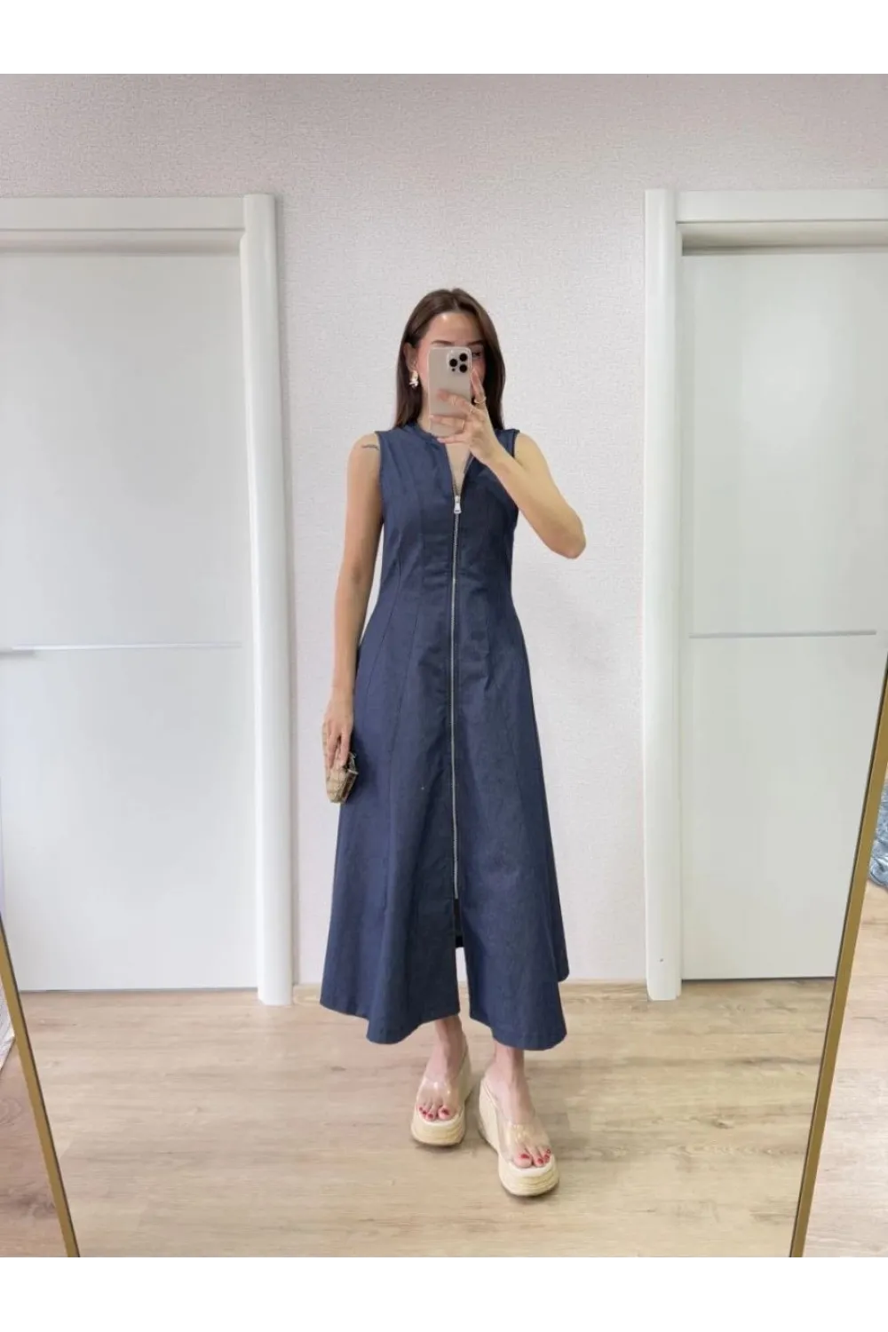 Kadın Jeans Kot Önü Tam Fermuarlı  Uzun Elbise - Mavi