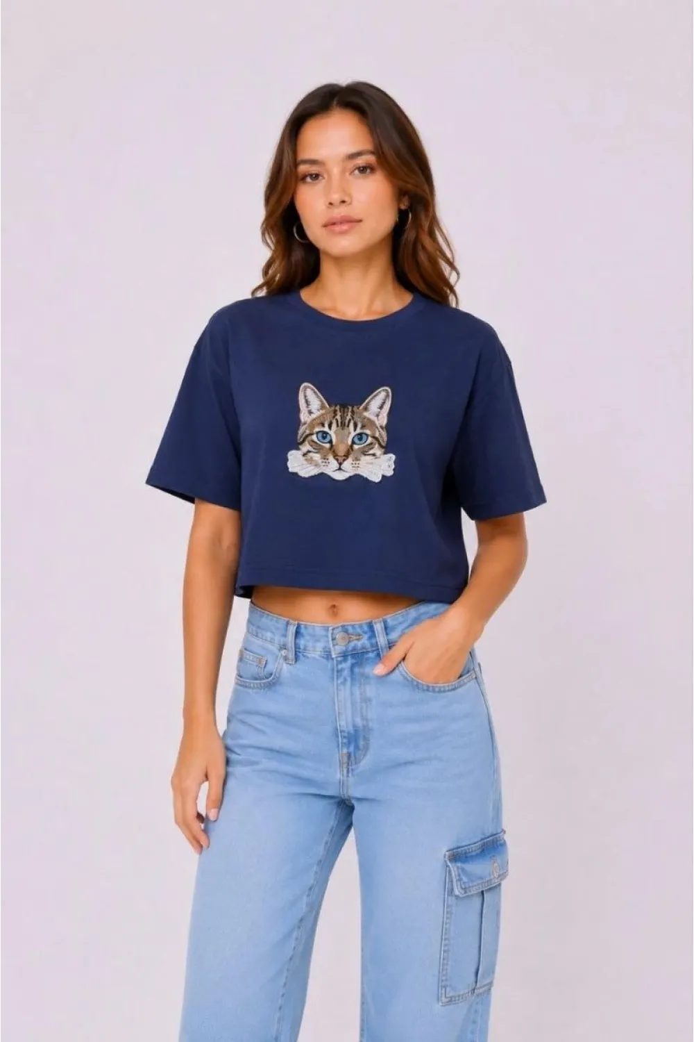 Kadın Kedi Baskılı Oversize Crop Tişört Salaş Basic Yarım Kol T-shirt - Lacivert