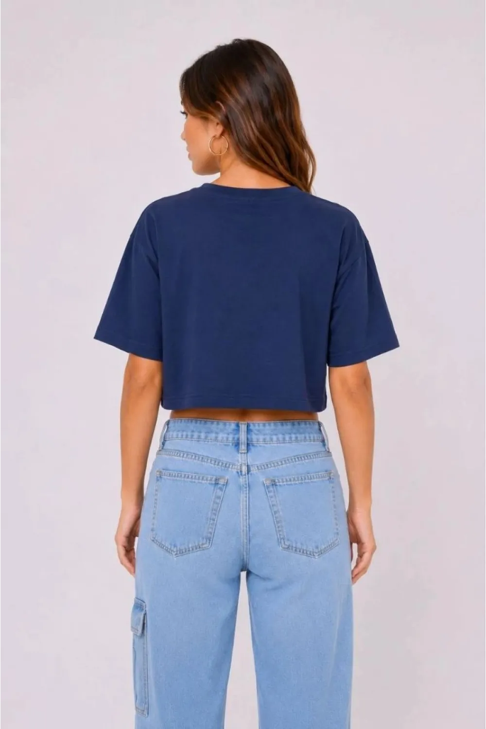 Kadın Kedi Baskılı Oversize Crop Tişört Salaş Basic Yarım Kol T-shirt - Lacivert