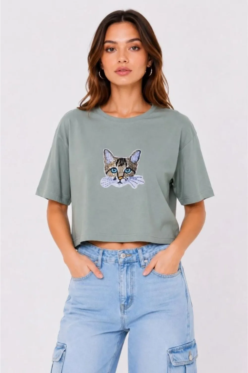 Kadın Kedi Baskılı Oversize Crop Tişört Salaş Basic Yarım Kol T-shirt - Mint Yeşili