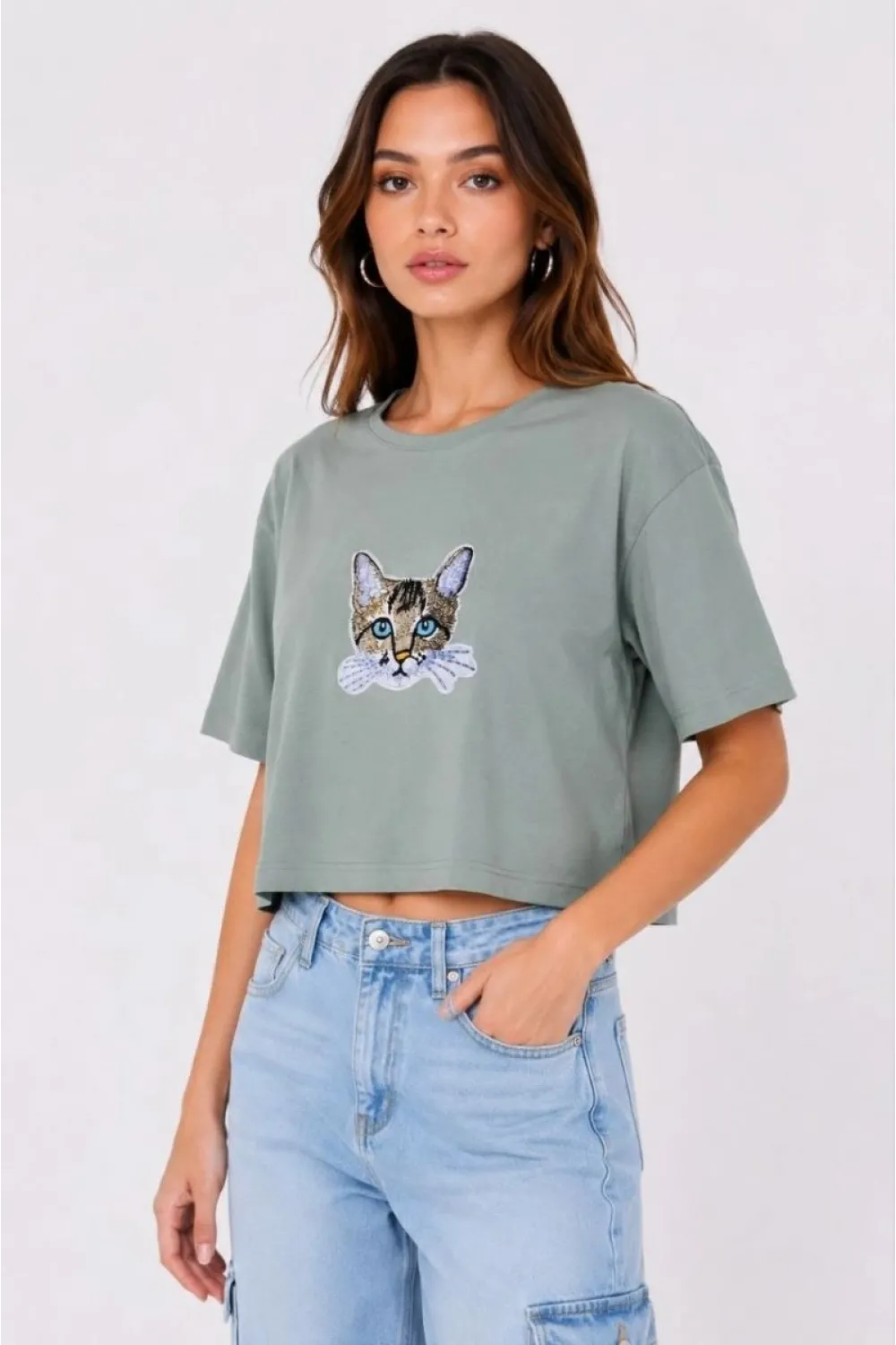 Kadın Kedi Baskılı Oversize Crop Tişört Salaş Basic Yarım Kol T-shirt - Mint Yeşili
