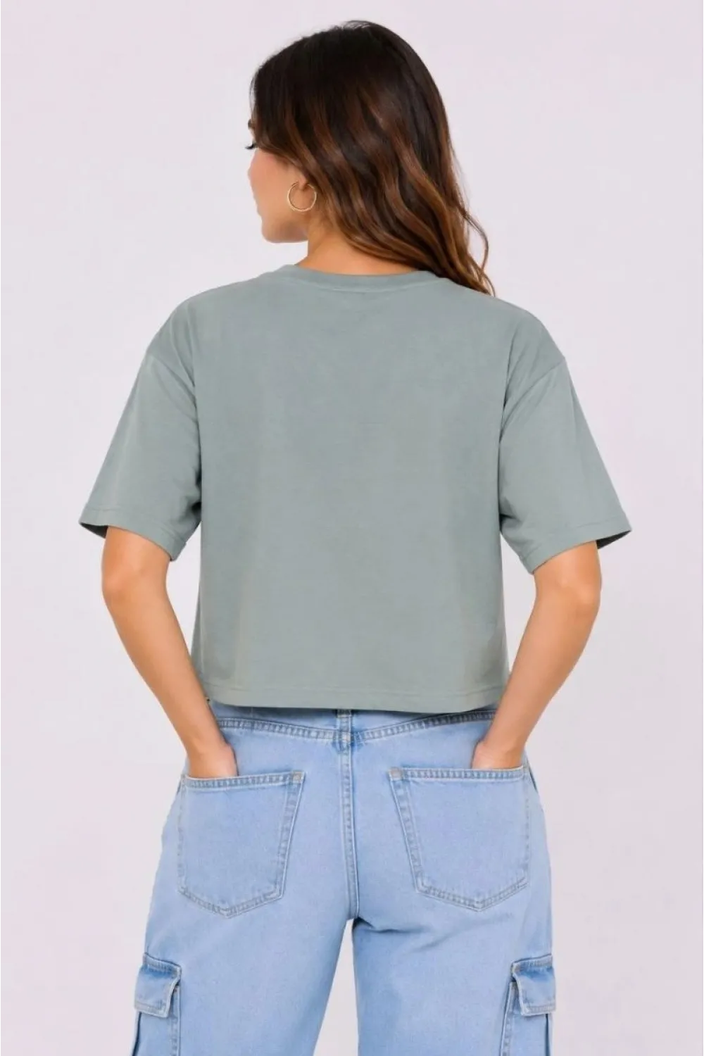 Kadın Kedi Baskılı Oversize Crop Tişört Salaş Basic Yarım Kol T-shirt - Mint Yeşili