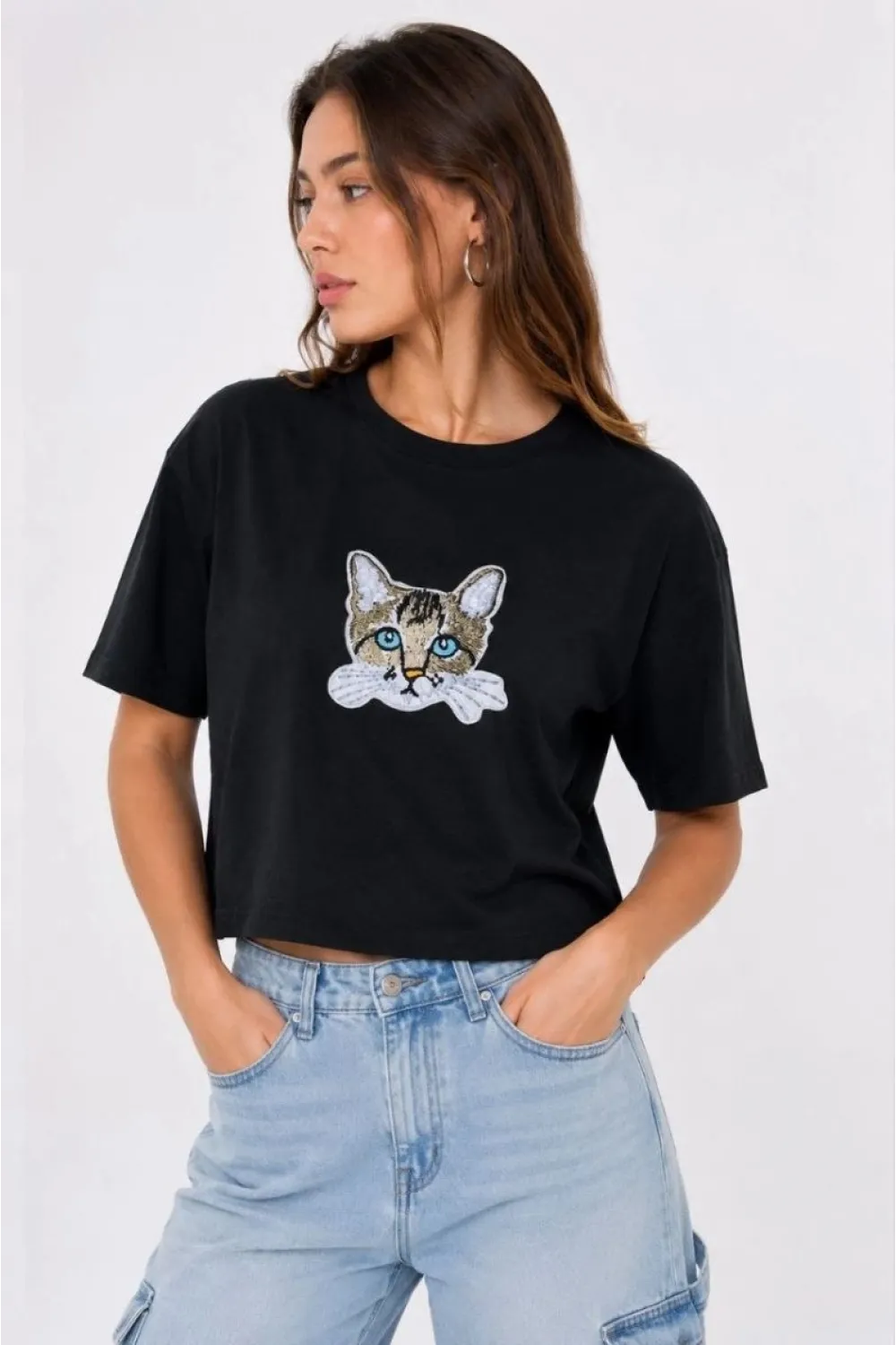 Kadın Kedi Baskılı Oversize Crop Tişört Salaş Basic Yarım Kol T-shirt - Siyah