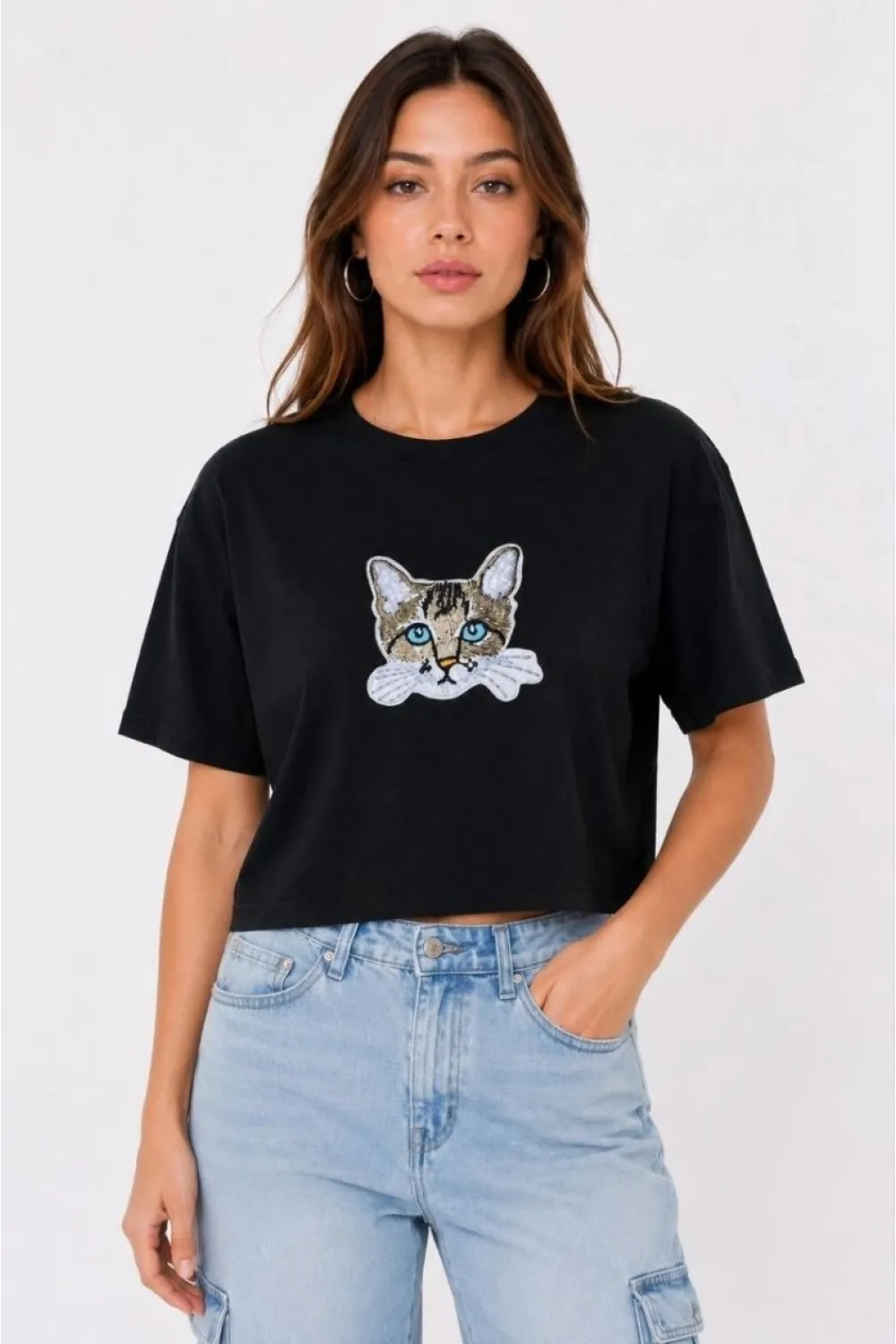 Kadın Kedi Baskılı Oversize Crop Tişört Salaş Basic Yarım Kol T-shirt - Siyah