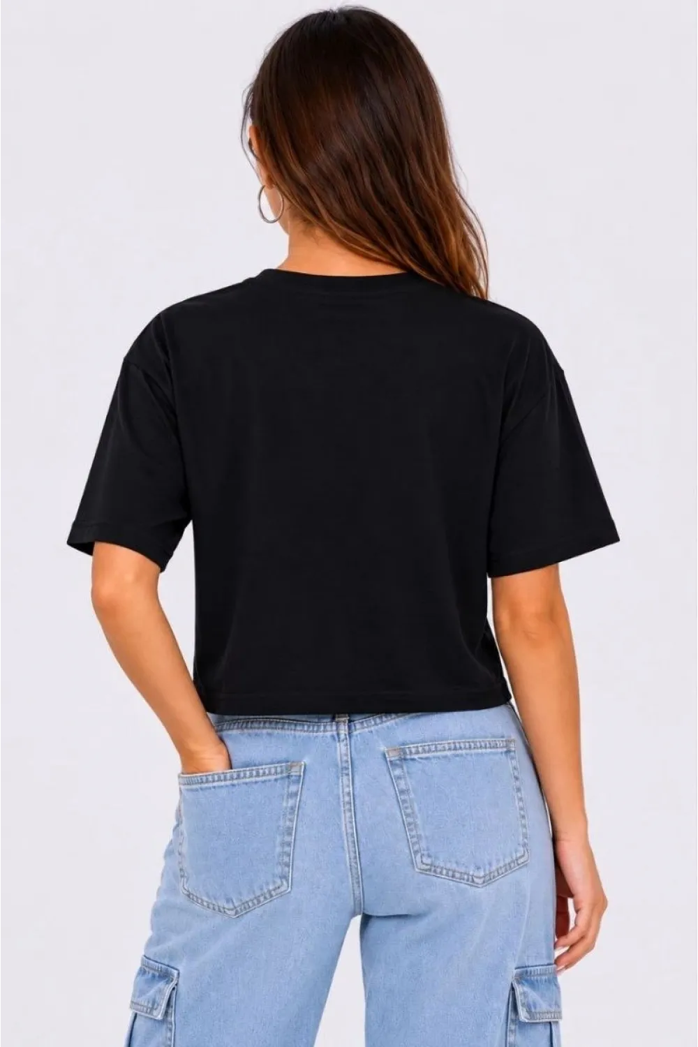 Kadın Kedi Baskılı Oversize Crop Tişört Salaş Basic Yarım Kol T-shirt - Siyah
