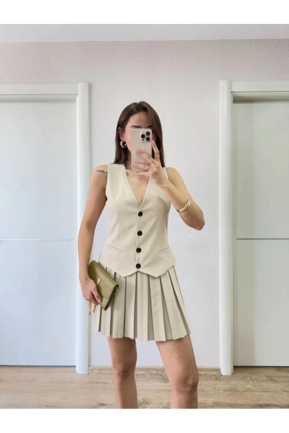 Kadın Keten Takım Görünümlü Düğme Detaylı Yelekli Mini Elbise - Bej
