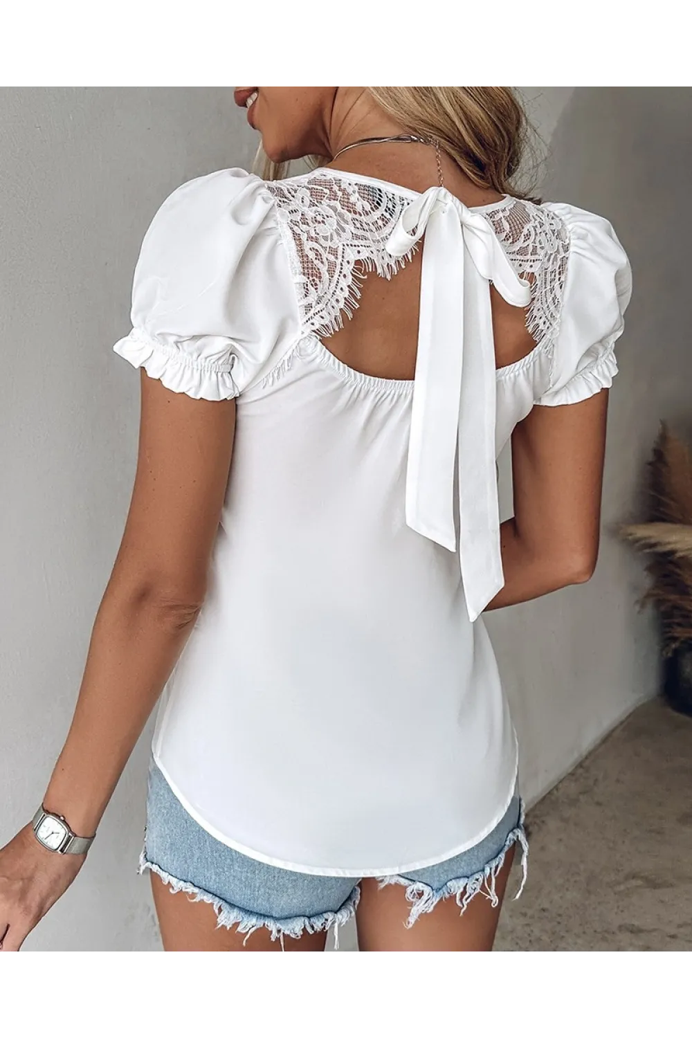 Kadın Kısa Karpuz Kollu Sırt Dantel Detay Jessica Bluz