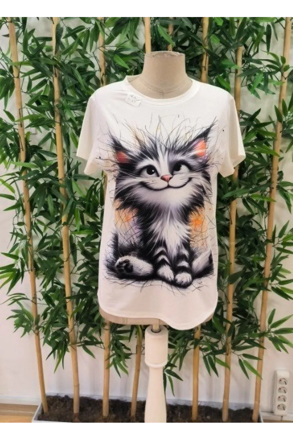 Kadın Kısa Kollu Bisiklet Yaka Kedi Baskılı Süprem Bluz