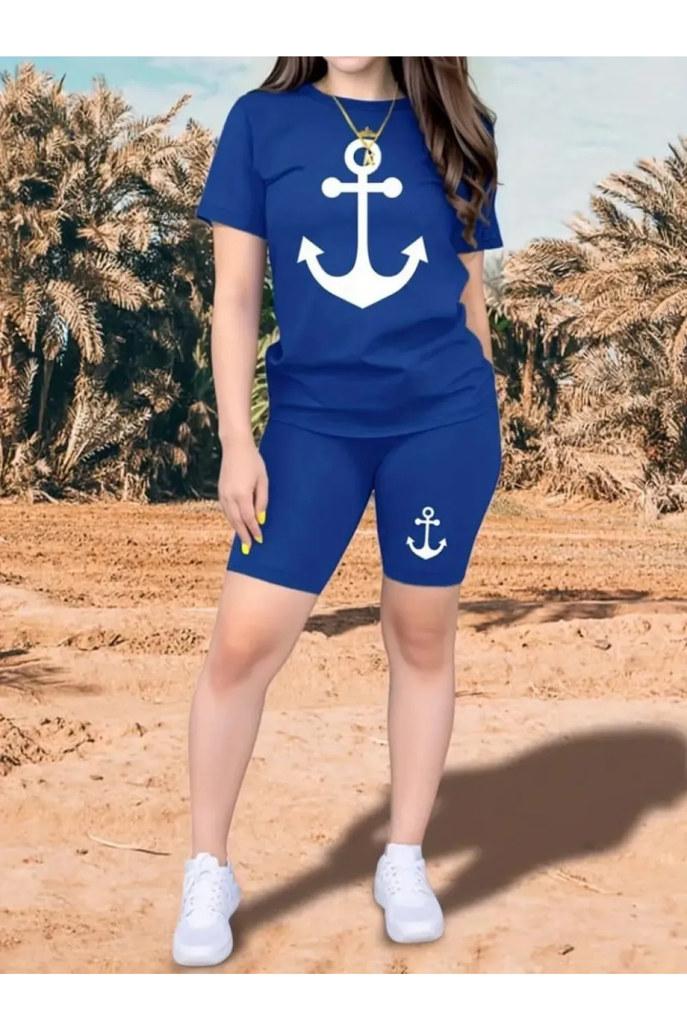 Kadın Kısa Kollu çapa Baskılı Viskon Ikili Takım