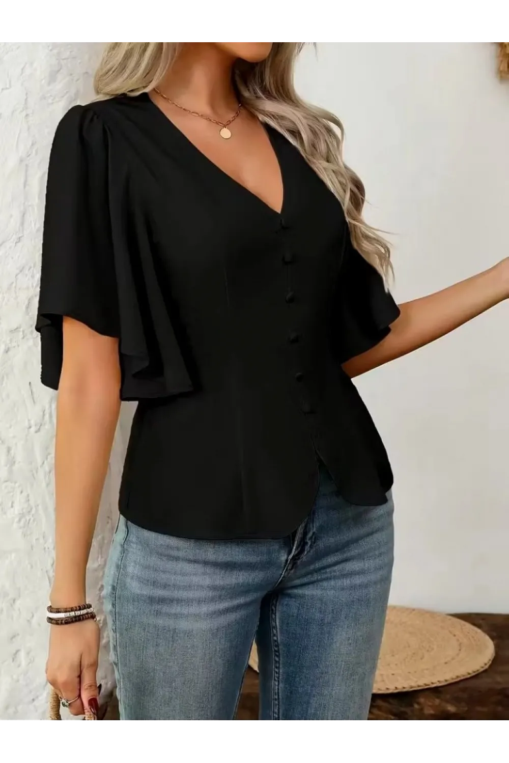 Kadın Kısa Kollu önden Düğmeli Ithal Krep Bluz