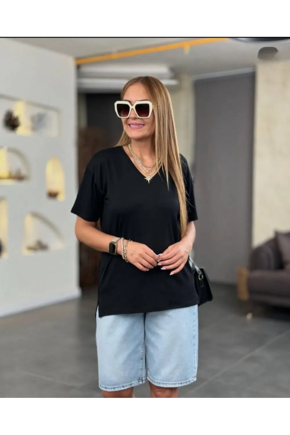 Kadın Kısa Kollu V Yaka Bluz