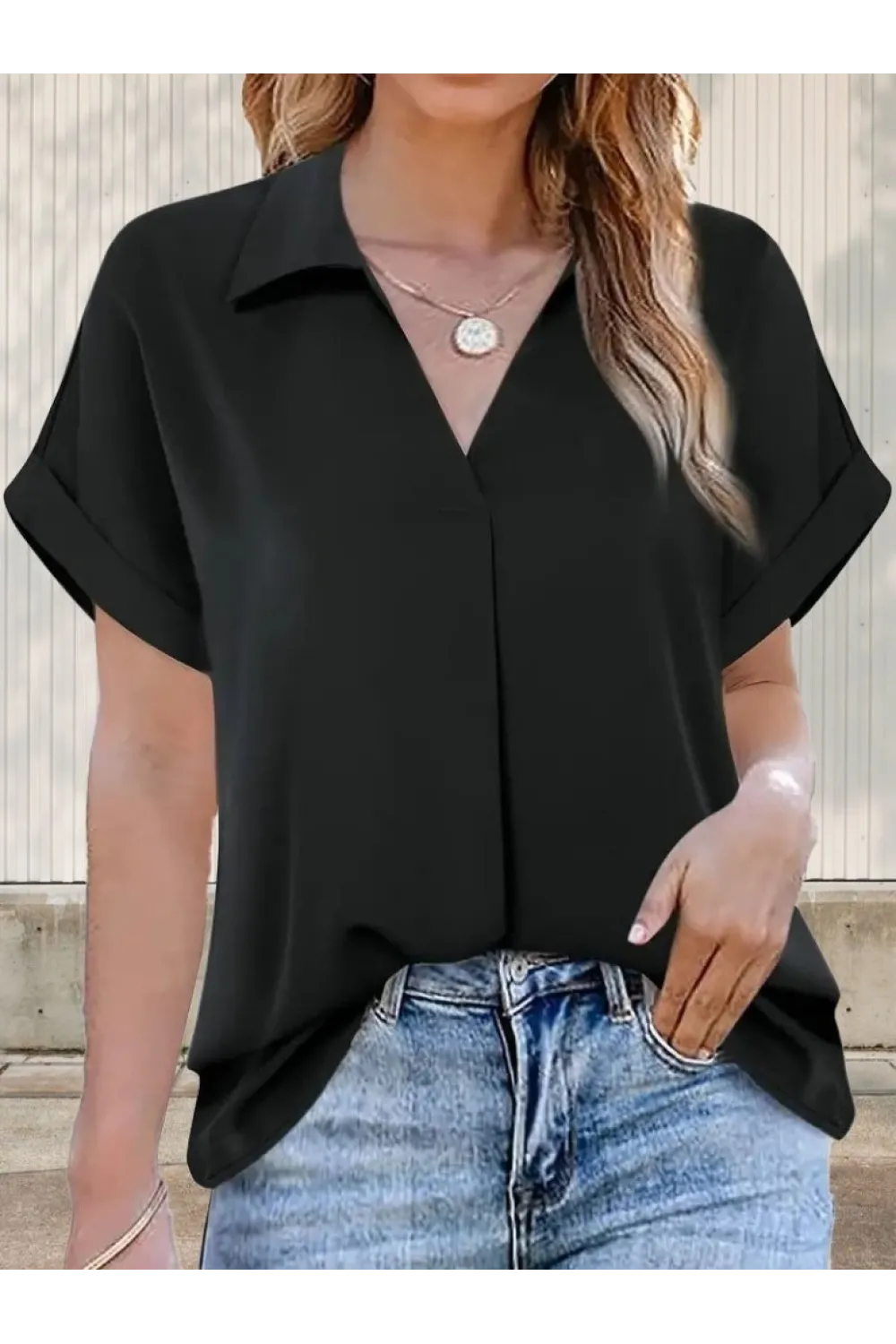 Kadın Kısa Kollu Yakalı Uzun Sandy Bluz