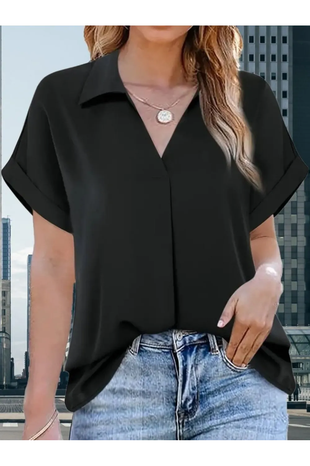 Kadın Kısa Kollu Yakalı Uzun Sandy Bluz