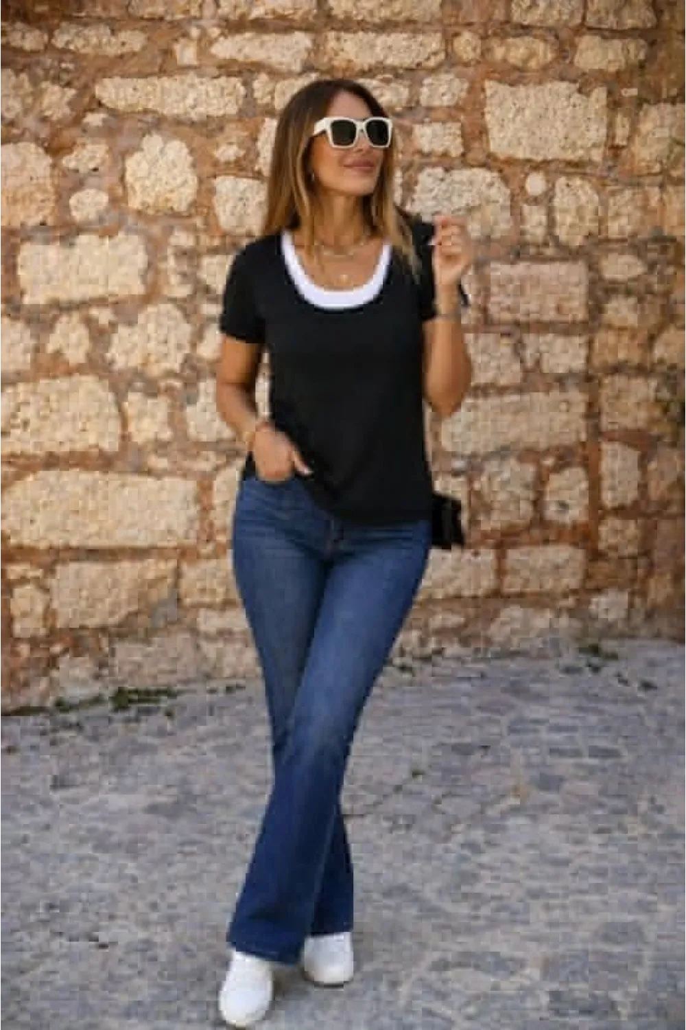 Kadın Kısa Kollu Yuvarlak Yakalı çift Renkli Viskon Bluz