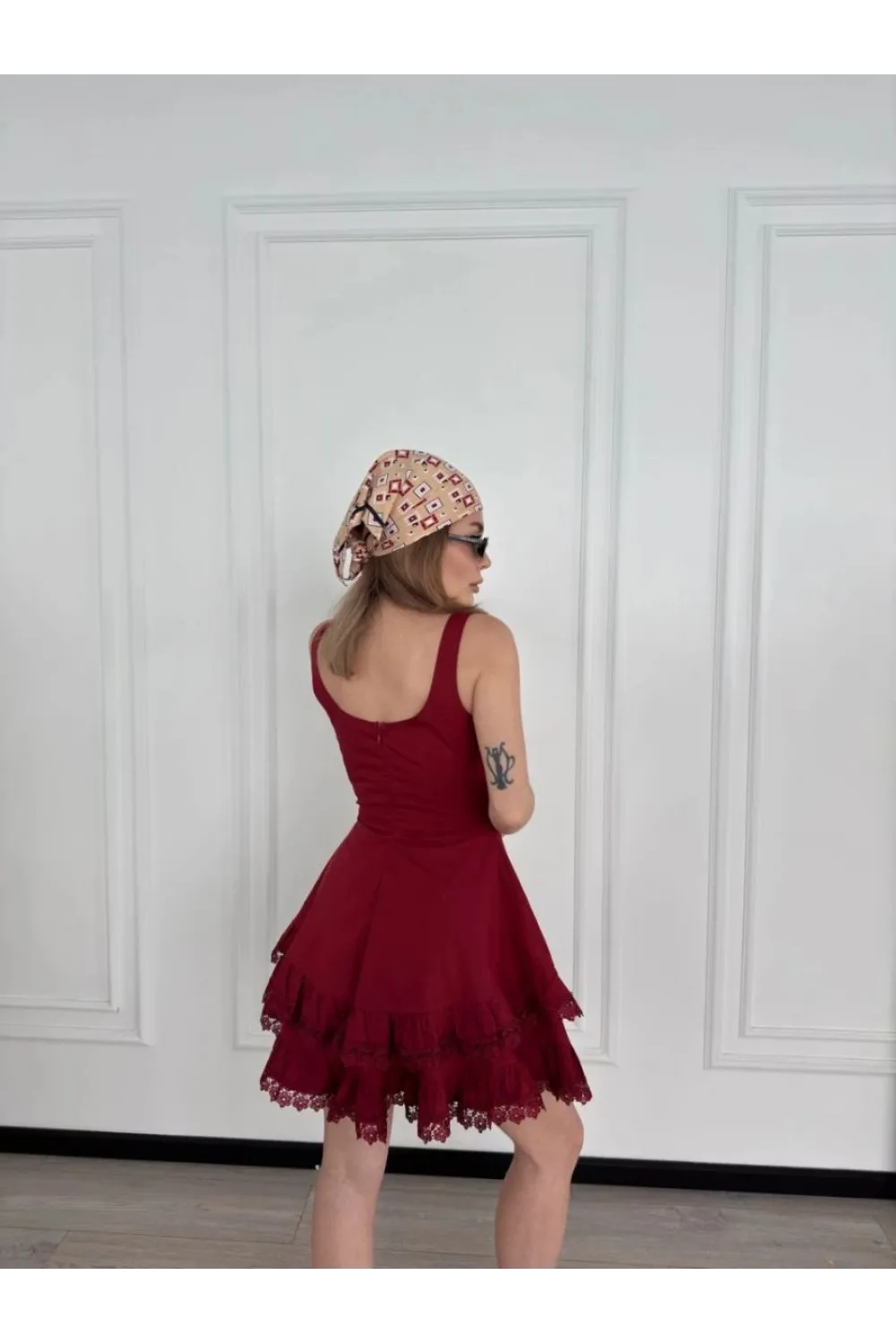 Kadın Mini Askılı Elbise - Bordo