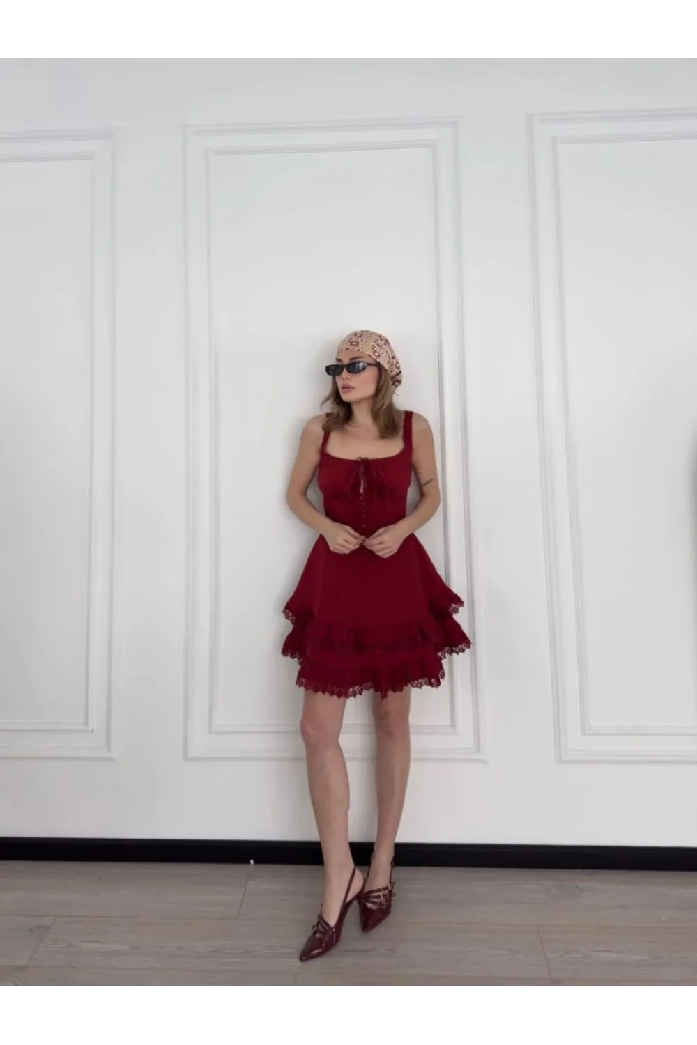 Kadın Mini Askılı Elbise - Bordo