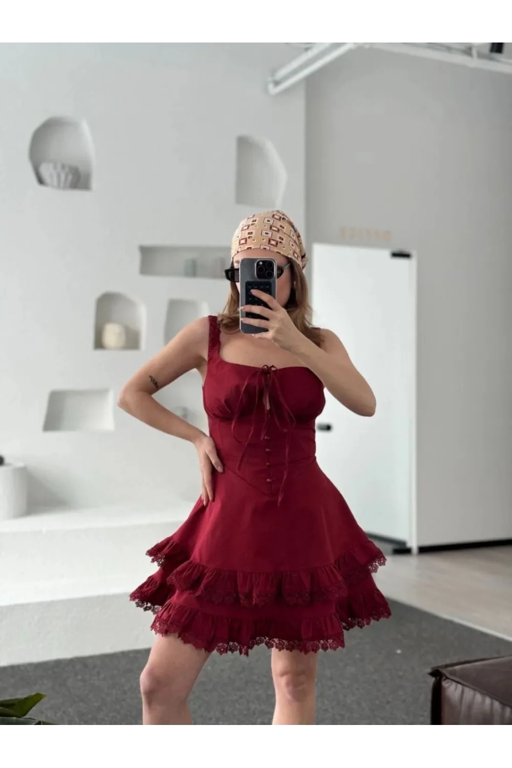 Kadın Mini Askılı Elbise - Bordo