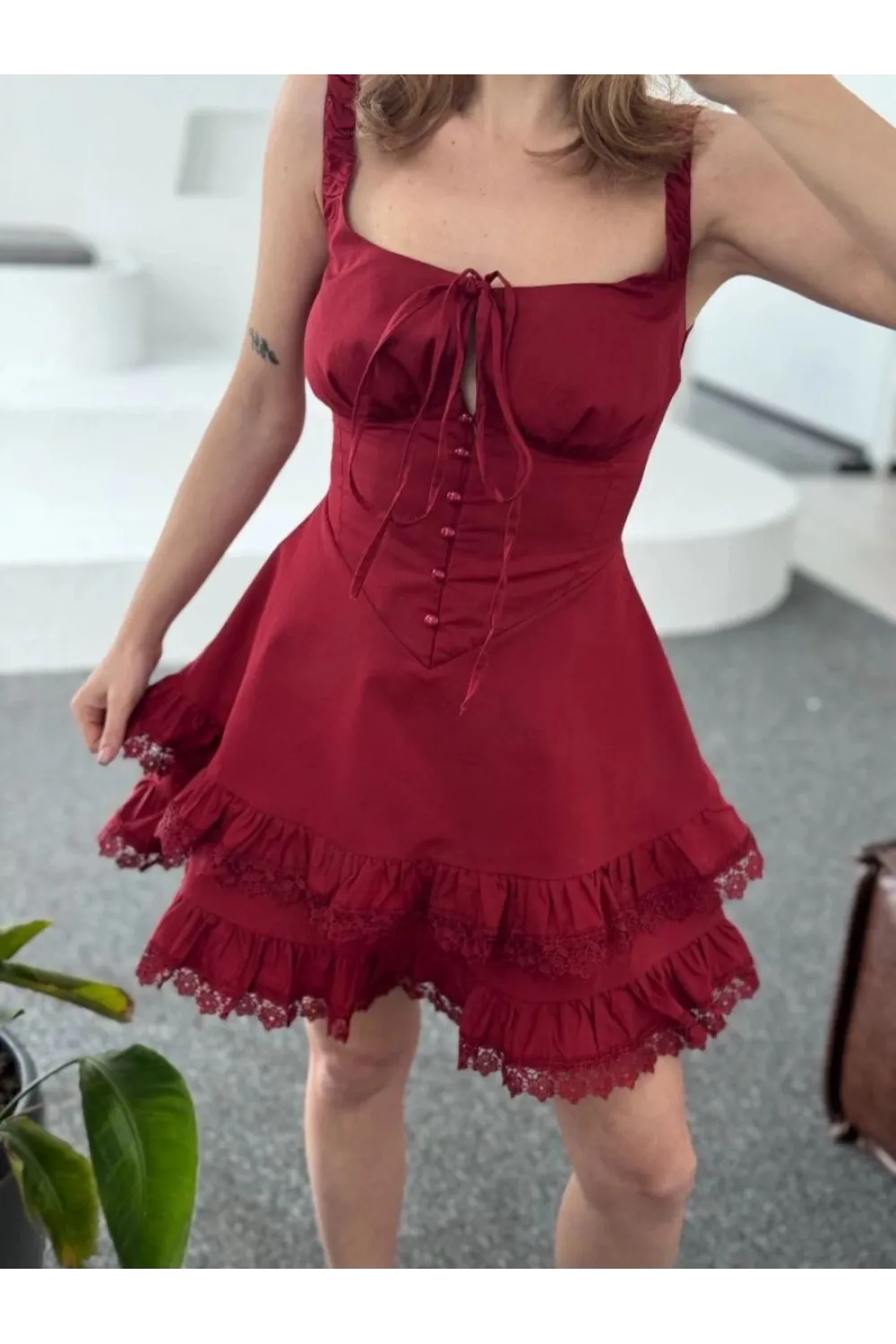 Kadın Mini Askılı Elbise - Bordo