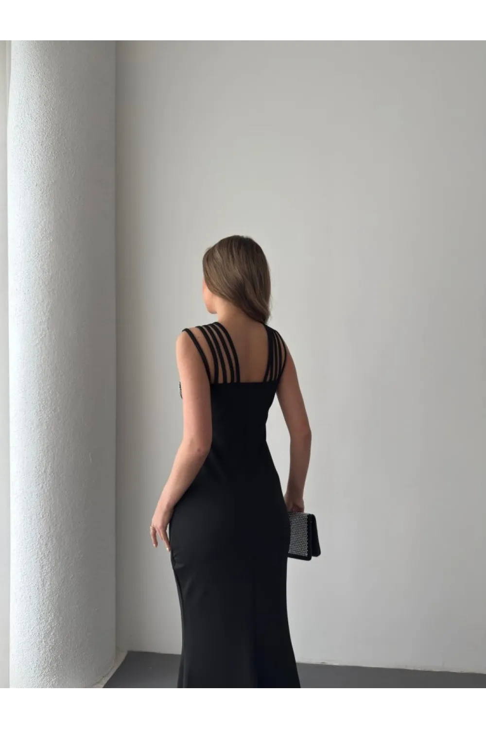 Kadın Omuz çoklu Askılı önü Taş Işlemeli Balık Kesim Janjan Krep Maxi Boy Elbise