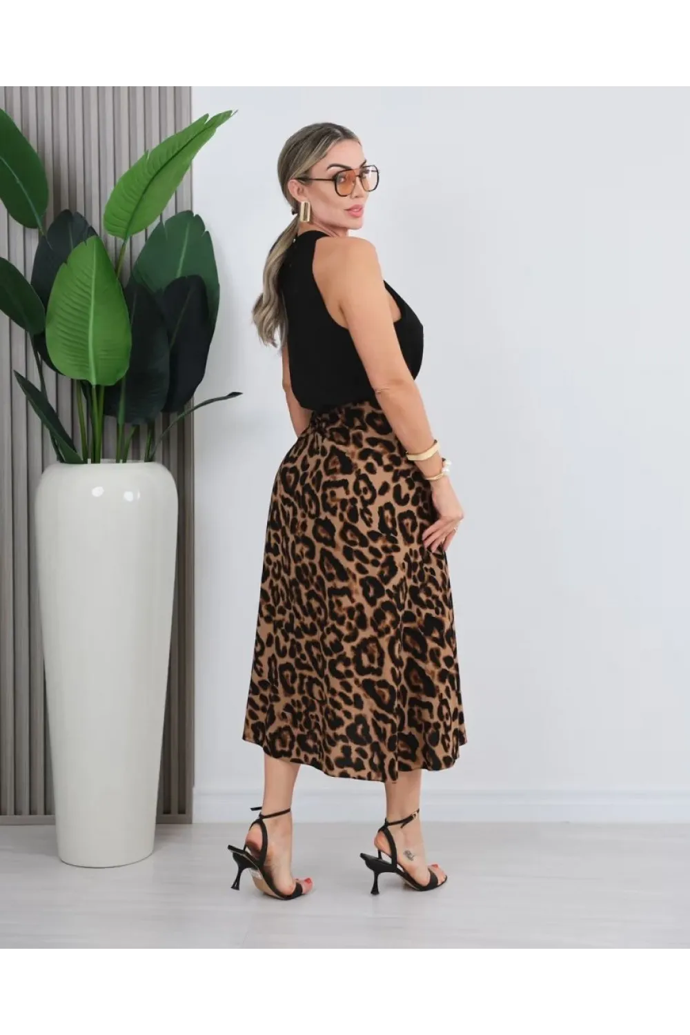 Kadın önden Bağlamalı Leopar Desenli Süprem Uzun Etek