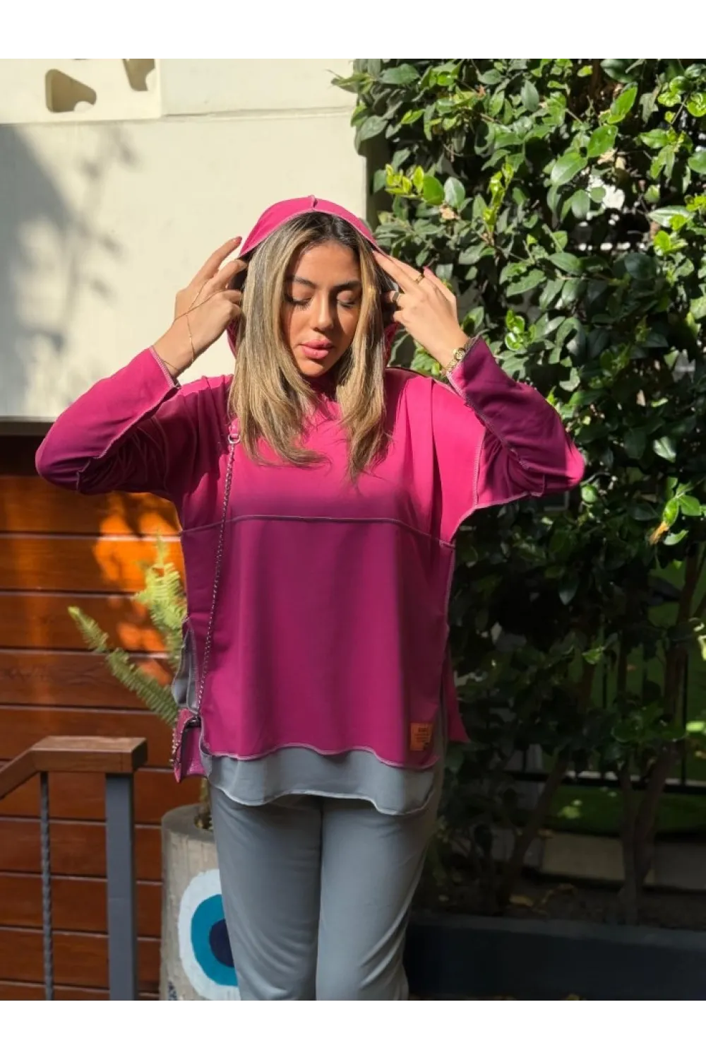 Kadın Pembe Kapşonlu Etek Ucu Detay Arma Ters Dikiş Gorunumlu Ikili Takım