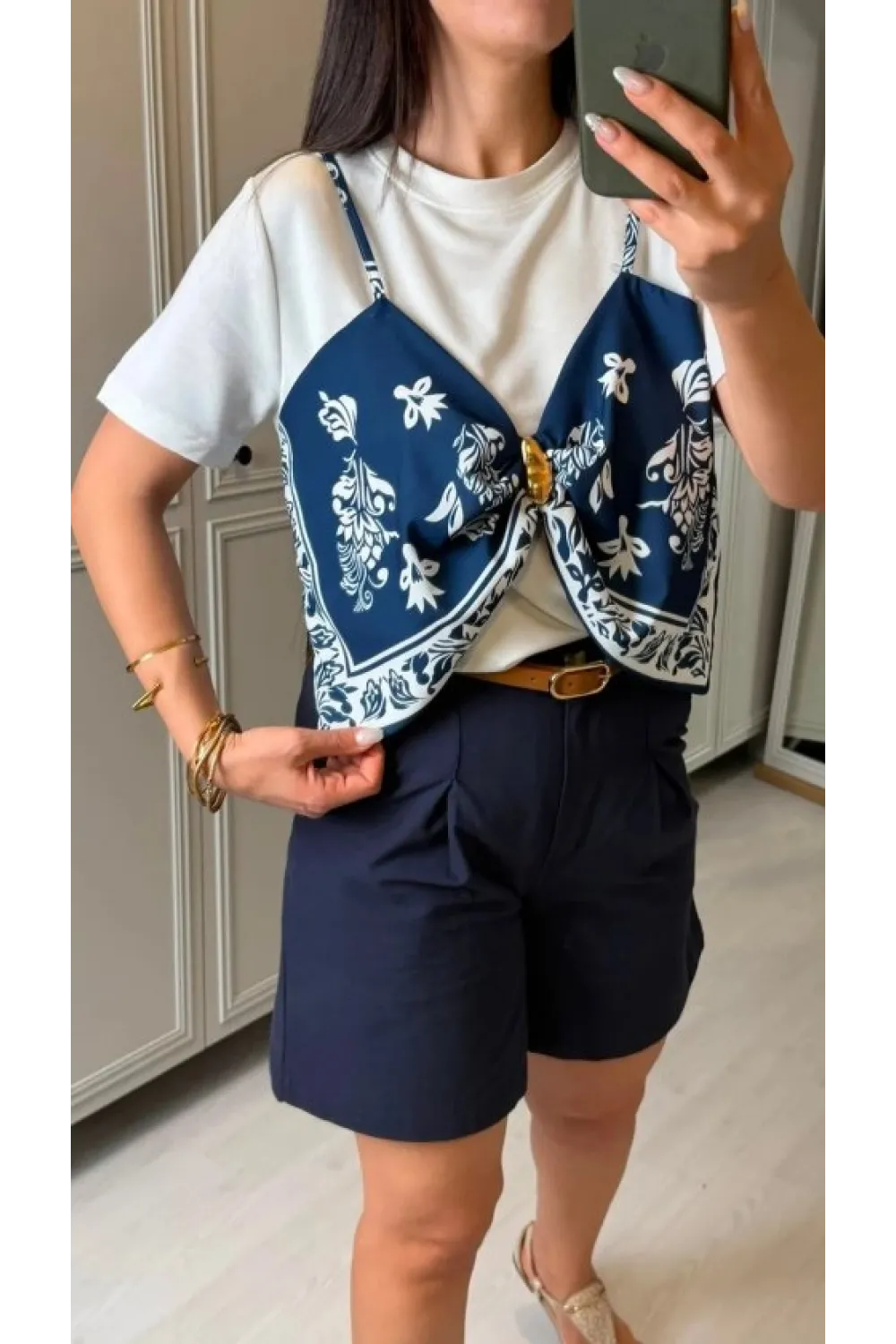 Kadın şal Desen Detay Bluz Ve Keten şort Ikili Takım
