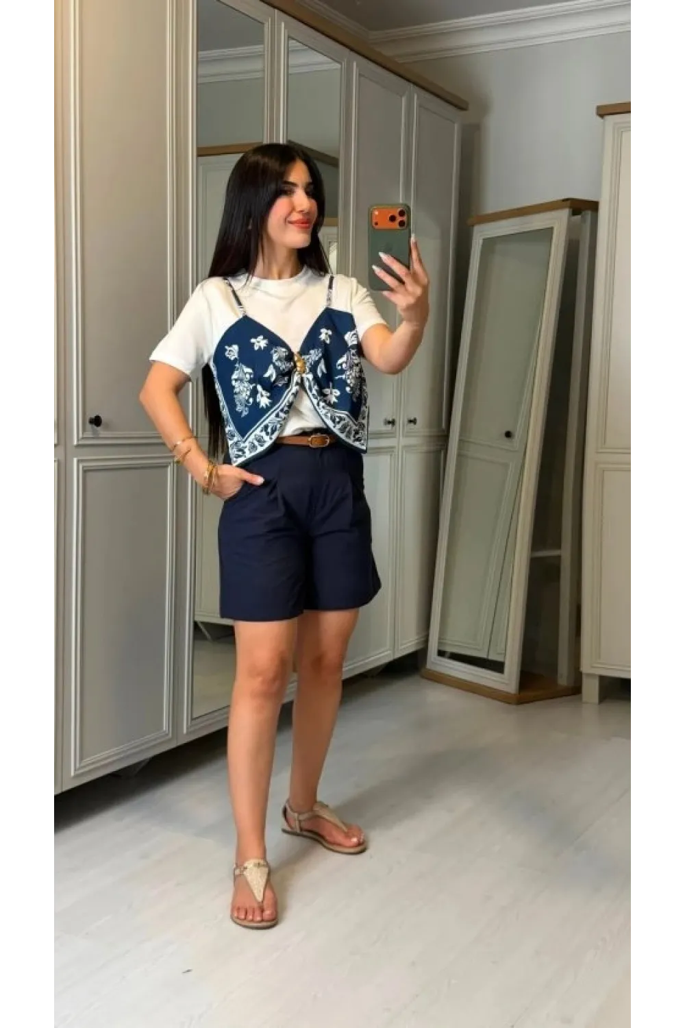 Kadın şal Desen Detay Bluz Ve Keten şort Ikili Takım