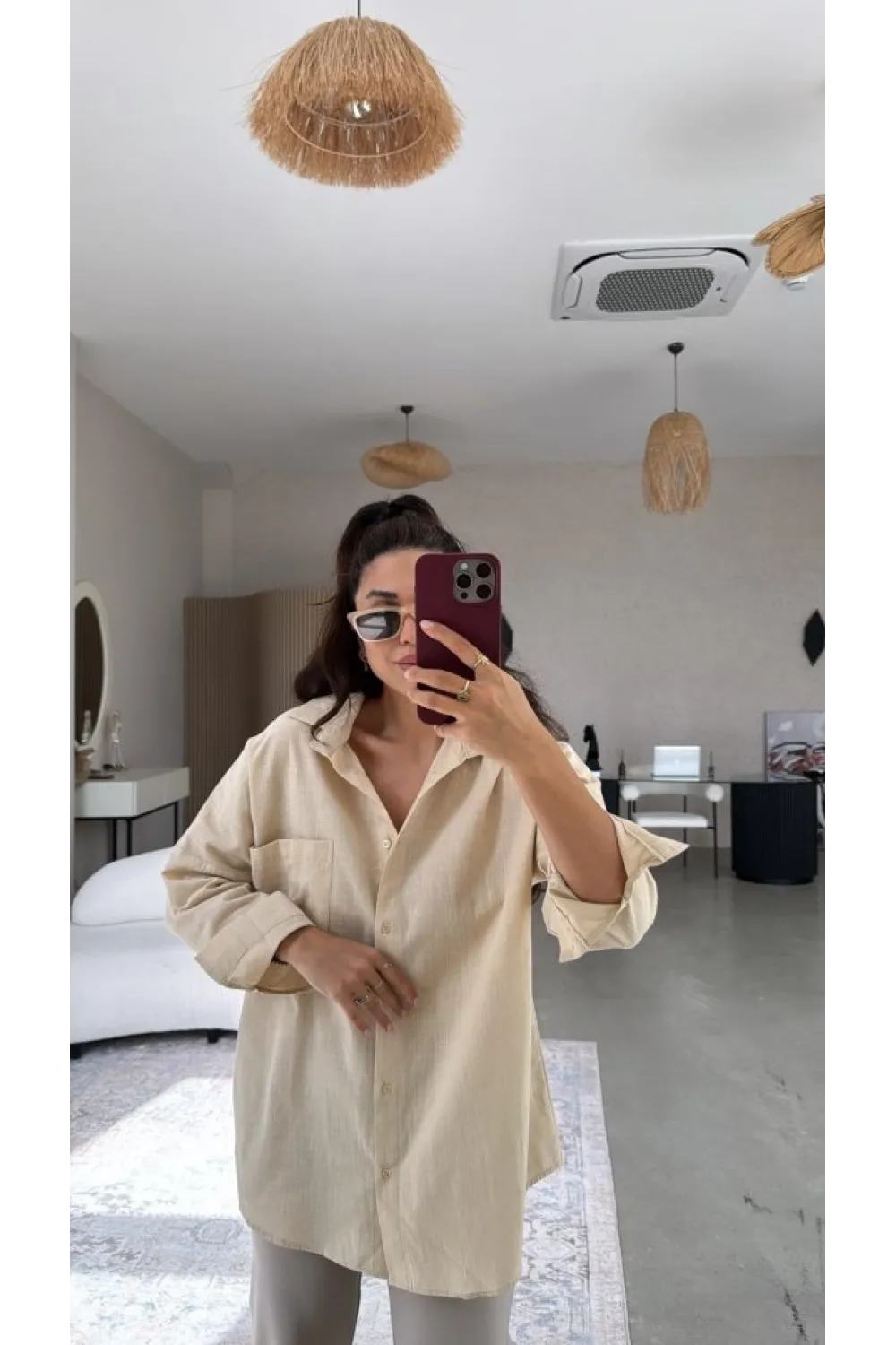 Kadın Tek Cepli Over Size Ketem Gömlek