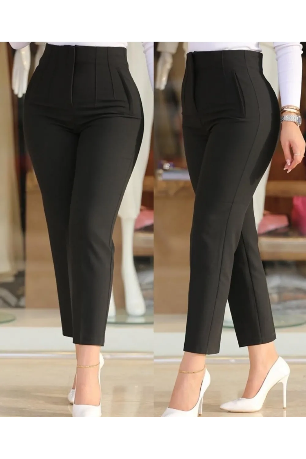 Kadın üste Oturan Paçası Bilek üzerinde Biten Krep Kumaş Kumaş Pantolon 36 (S) - 50 (5XL)