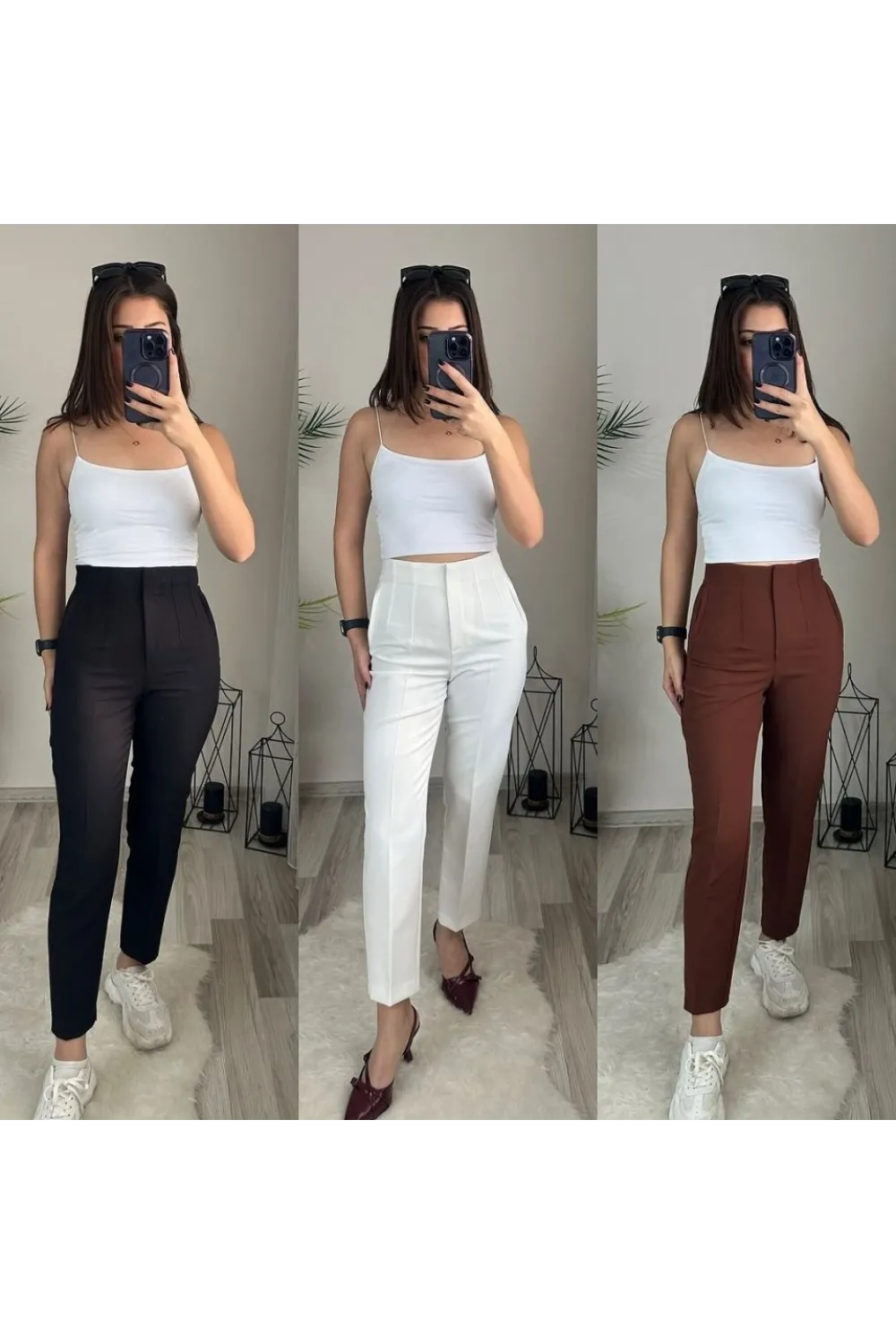 Kadın üste Oturan Paçası Bilek üzerinde Biten Krep Kumaş Kumaş Pantolon 36 (S) - 50 (5XL)