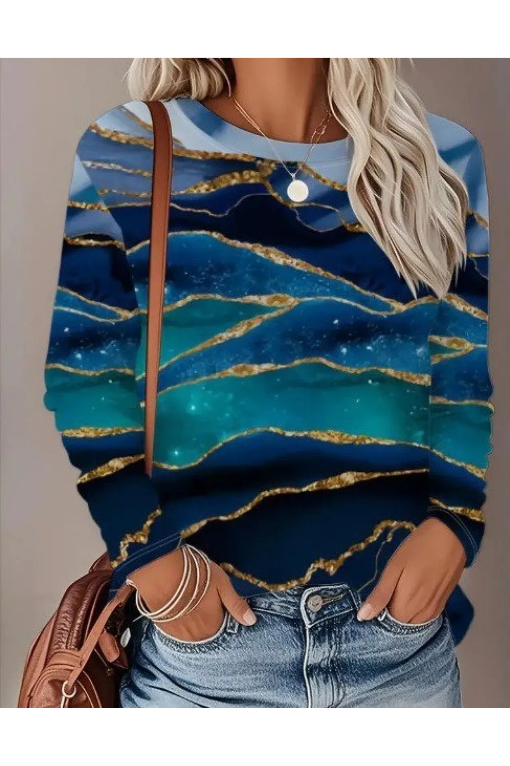 Kadın Uzun Kollu Bisiklet Yaka Desenli Modal Bluz