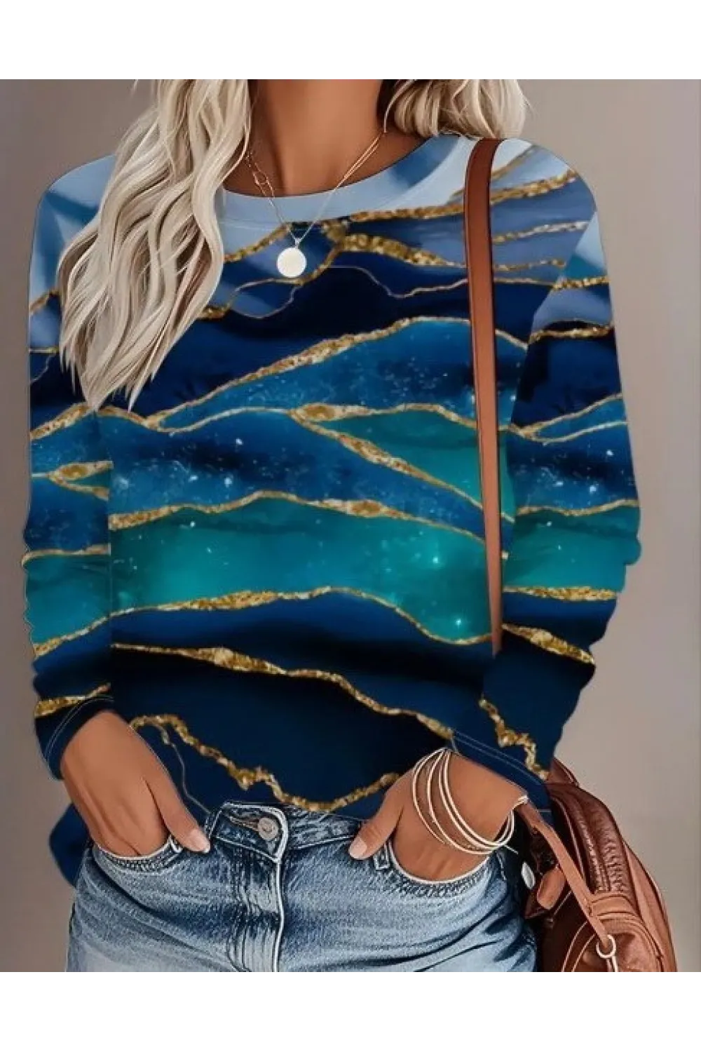 Kadın Uzun Kollu Bisiklet Yaka Desenli Modal Bluz