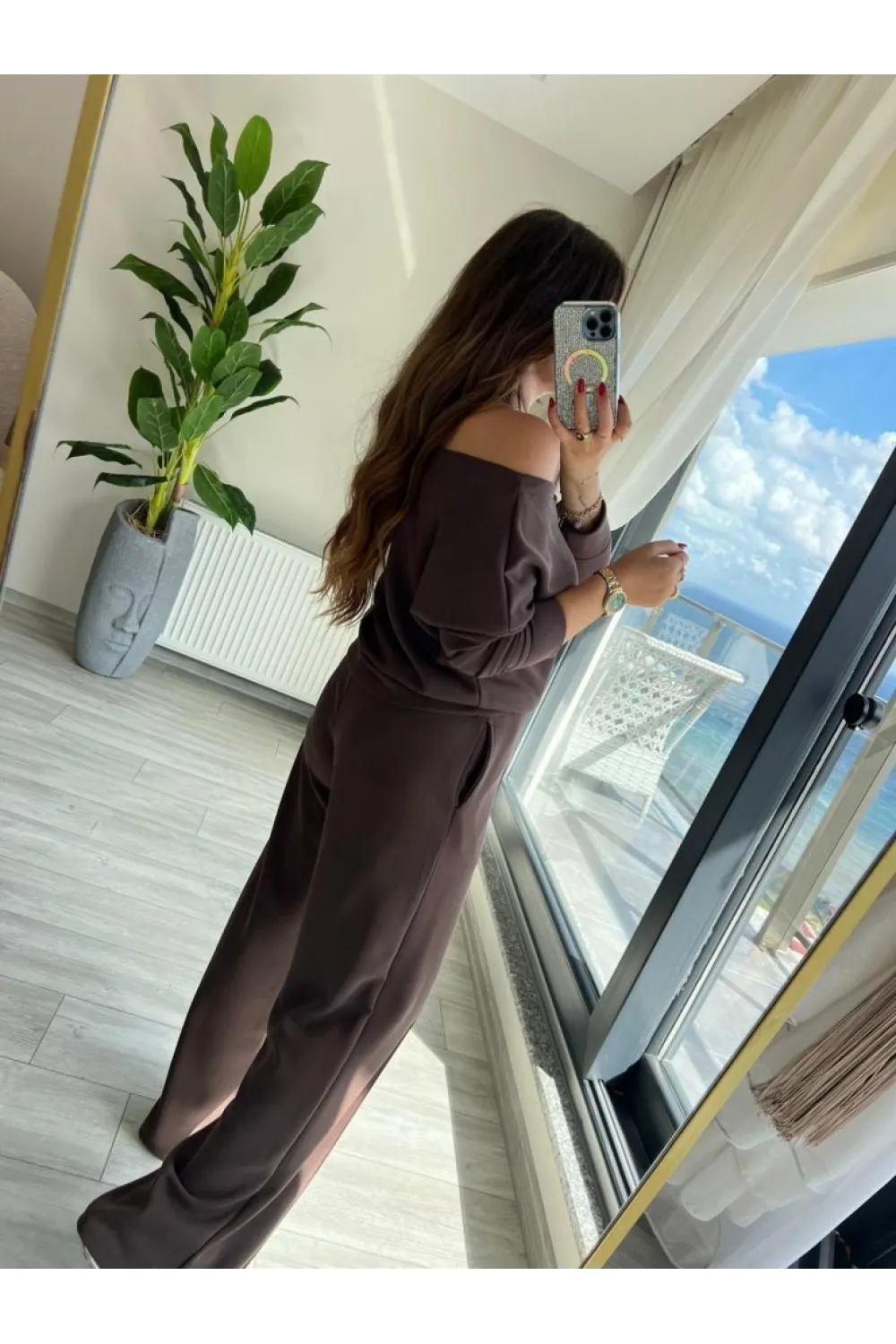 Kadın Uzun Kollu Tek Omuzdan Açık Modal Bluz Ve Pantolon Ikili Takım