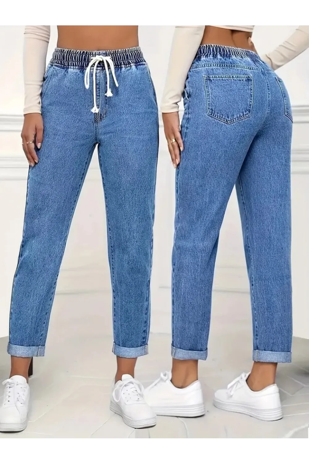 Kadın Yüksek Bel Bağcıklı Kot Pantolon