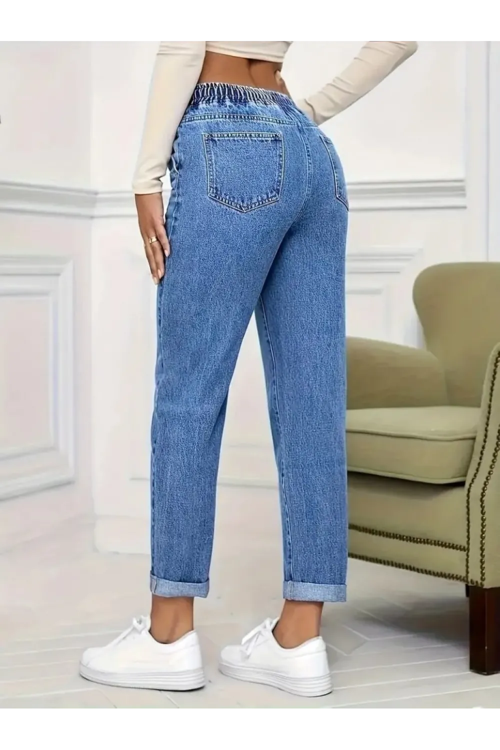 Kadın Yüksek Bel Bağcıklı Kot Pantolon