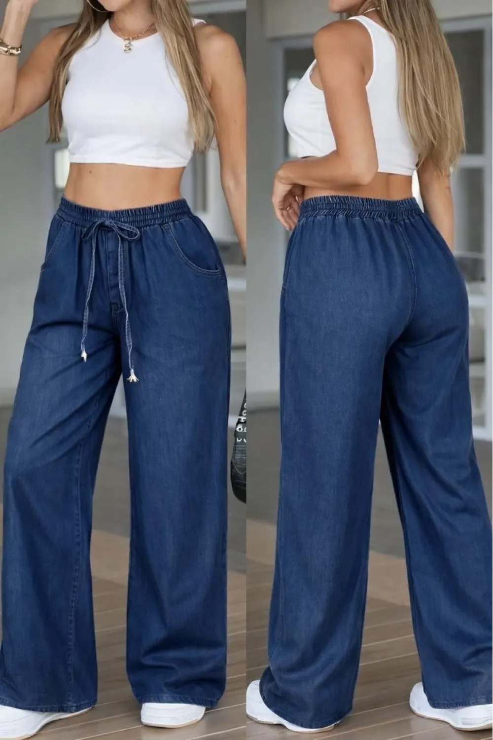 Kadın Yüksek Bel Lastikli Bağcıklı Kot Pantolon