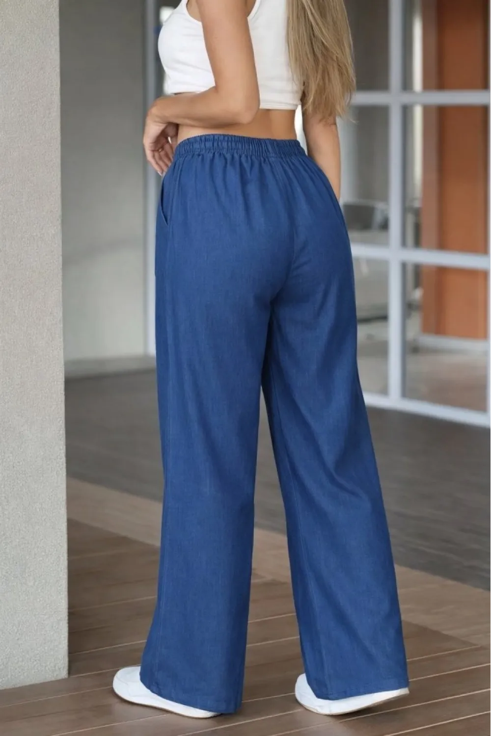 Kadın Yüksek Bel Lastikli Bağcıklı Kot Pantolon