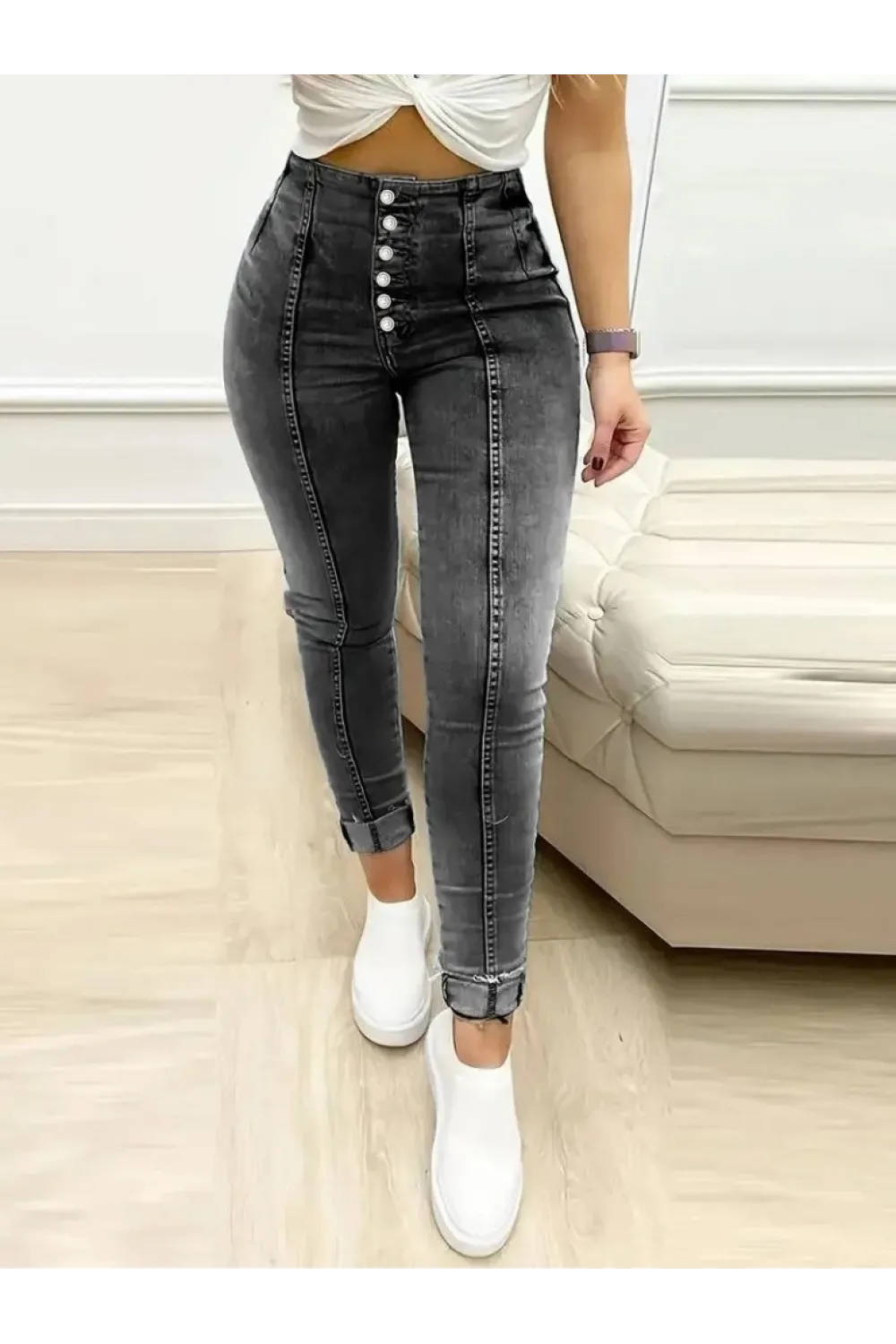 Kadın Yüksek Bel önden Düğmeli Jean Pantolon