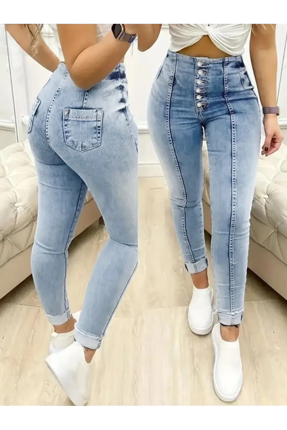 Kadın Yüksek Bel önden Düğmeli Jean Pantolon