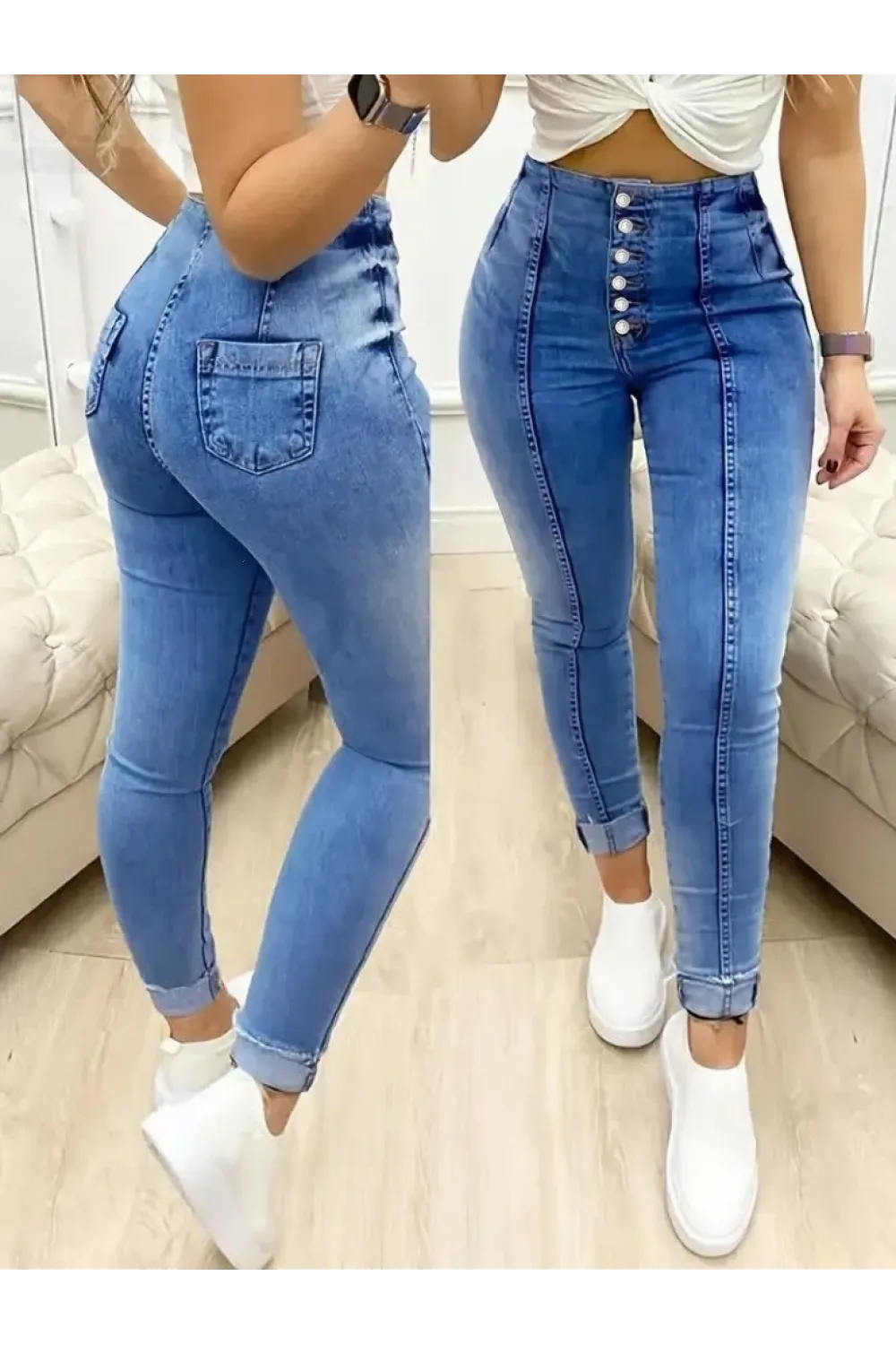 Kadın Yüksek Bel önden Düğmeli Jean Pantolon