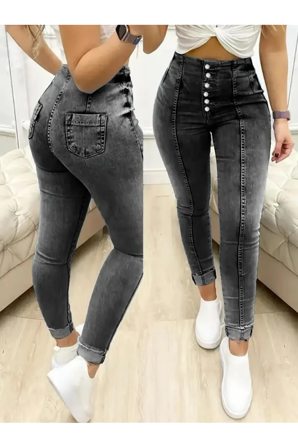 Kadın Yüksek Bel önden Düğmeli Jean Pantolon