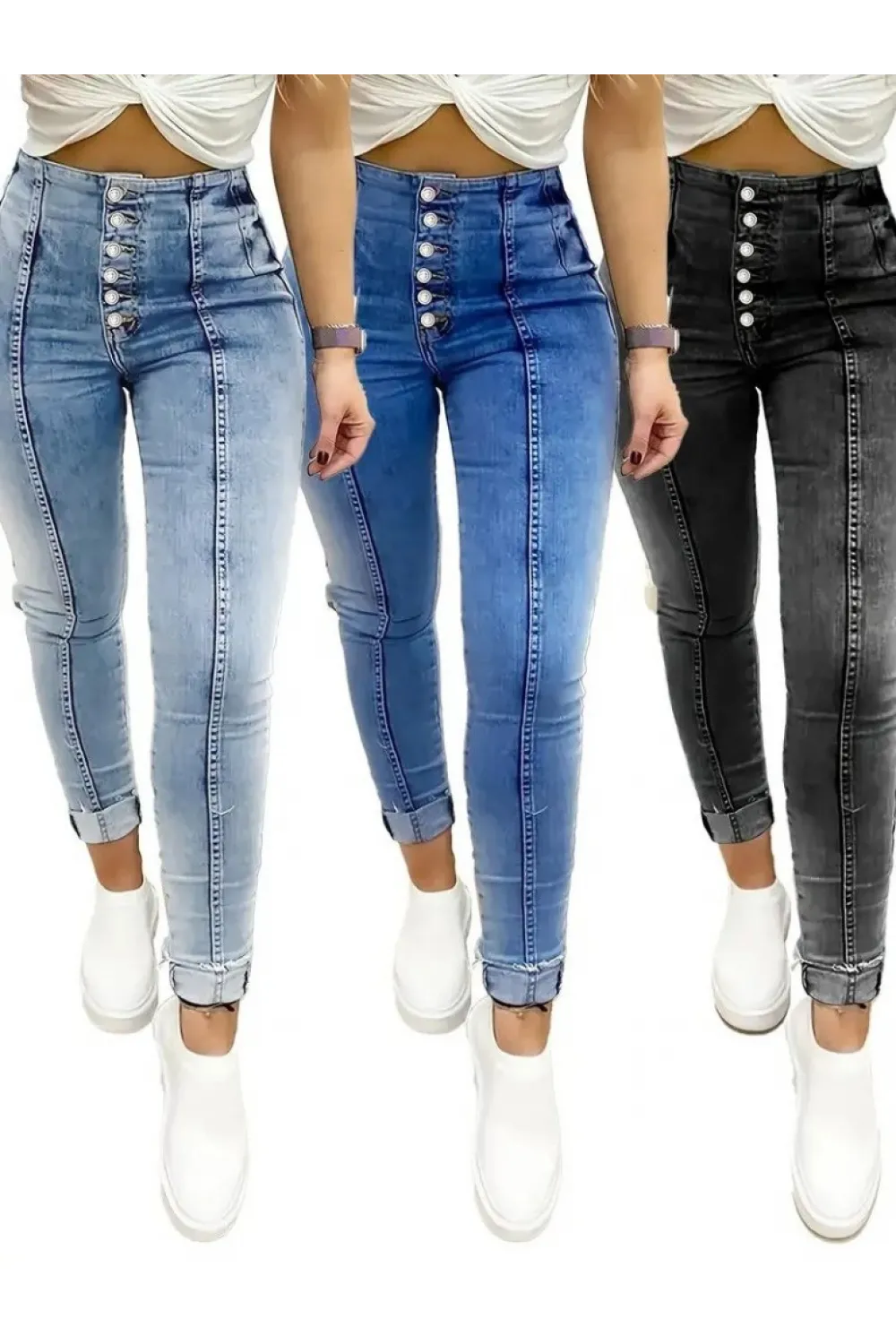 Kadın Yüksek Bel önden Düğmeli Jean Pantolon